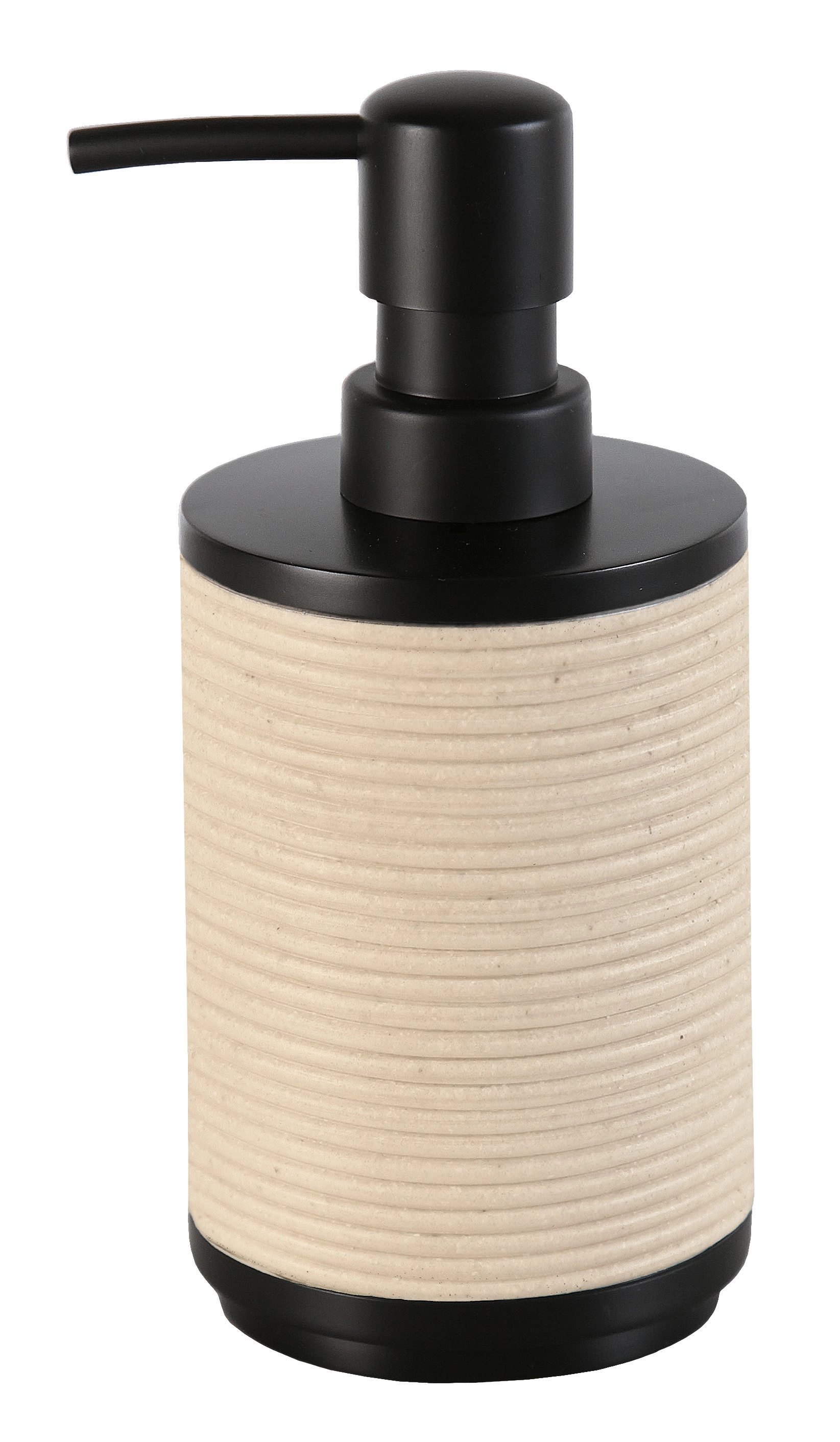 Seifenspender aus Keramik in Beige mit schwarzem Pumpkopf, modernes Design, ideal für Badezimmer und Küche.