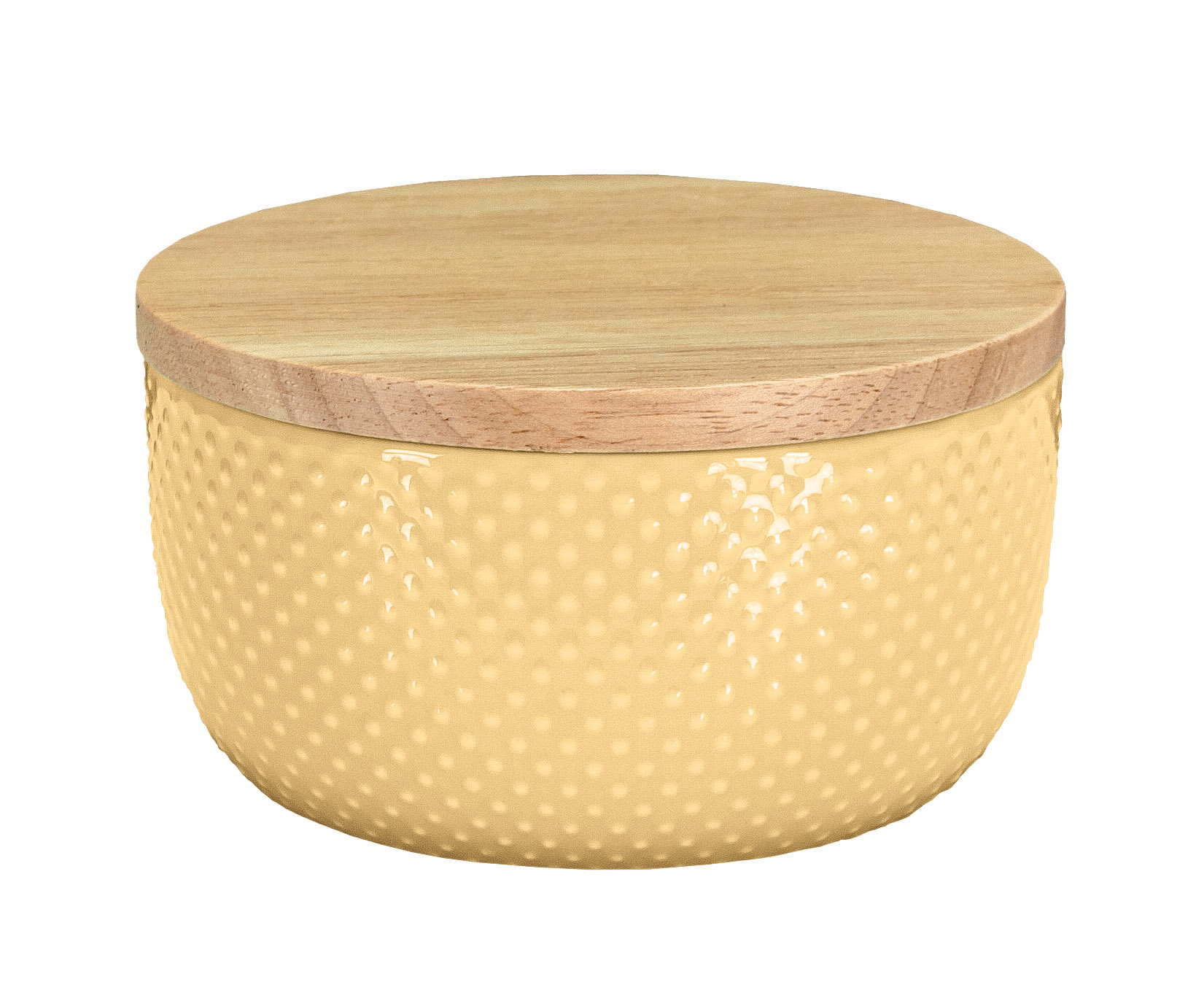 Wattedose DOTTY Solaris Keramikdose in Gelb mit Holzdeckel, strukturierte Oberfläche, ideal zur Aufbewahrung von Lebensmitteln oder kleinen Gegenständen.