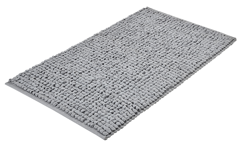 Grauer, rechteckiger Badteppich mit strukturierter Oberfläche und rutschfester Unterseite. Ideal für moderne Badezimmer.