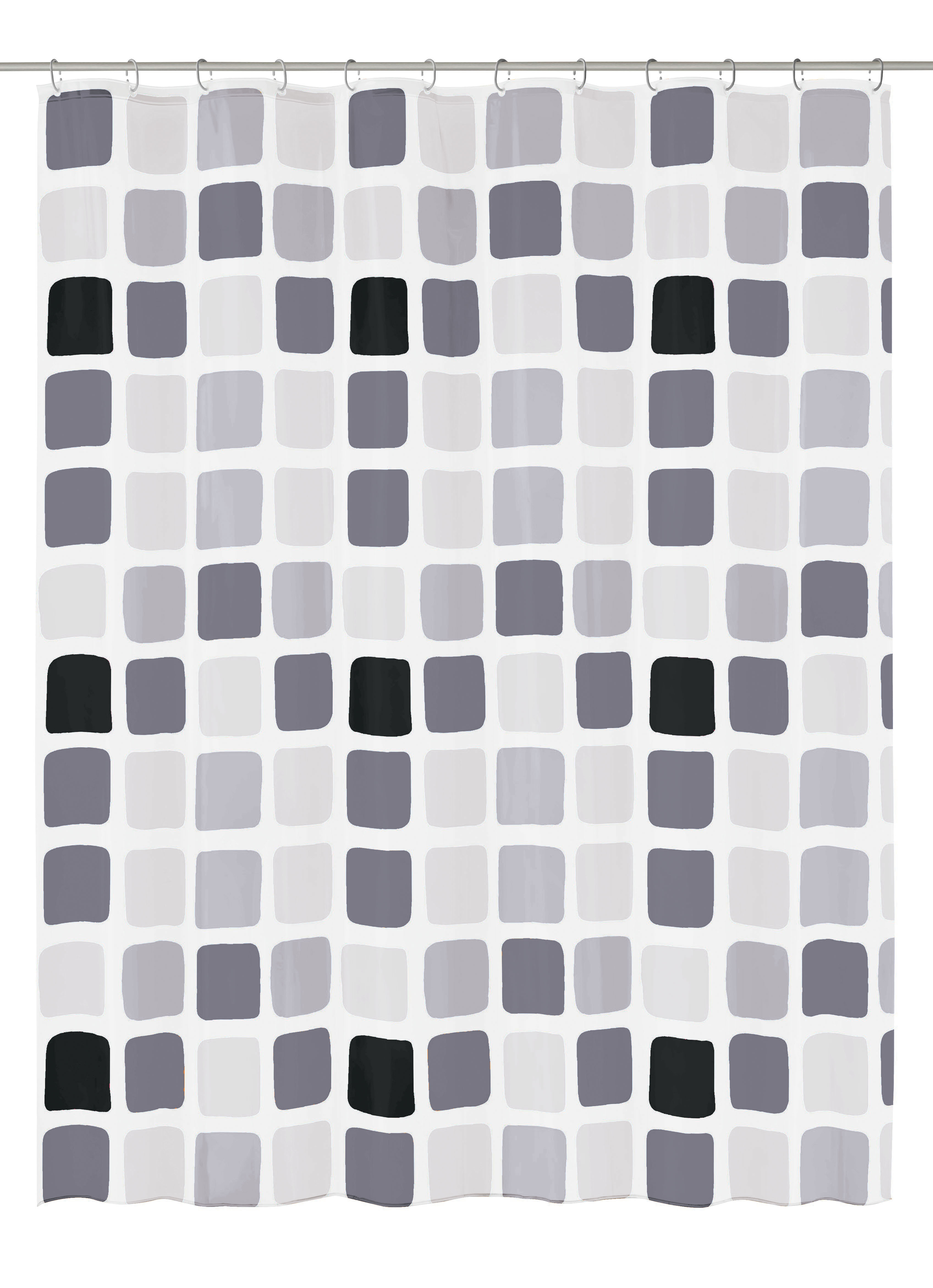 Duschvorhang PEVA SONNY Anthrazit 180 x 200 cm Duschvorhang mit modernem, geometrischem Muster in Grau- und Schwarztönen auf weißem Hintergrund. Ideal für stilvolle Badezimmer.