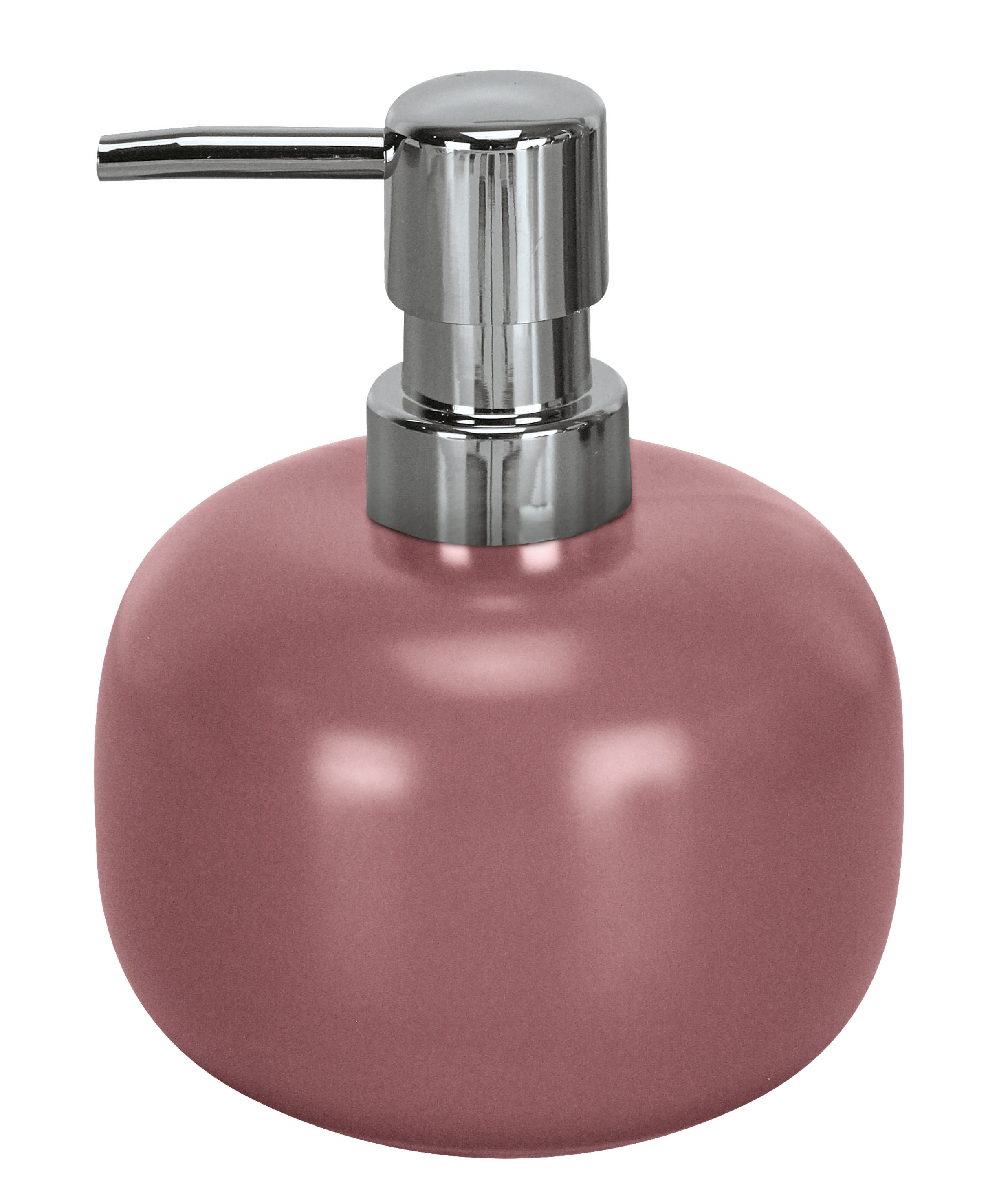 Runder Seifenspender in Altrosa mit glänzendem Chrom-Pumpkopf. Modernes Design, ideal für stilvolle Badezimmer.