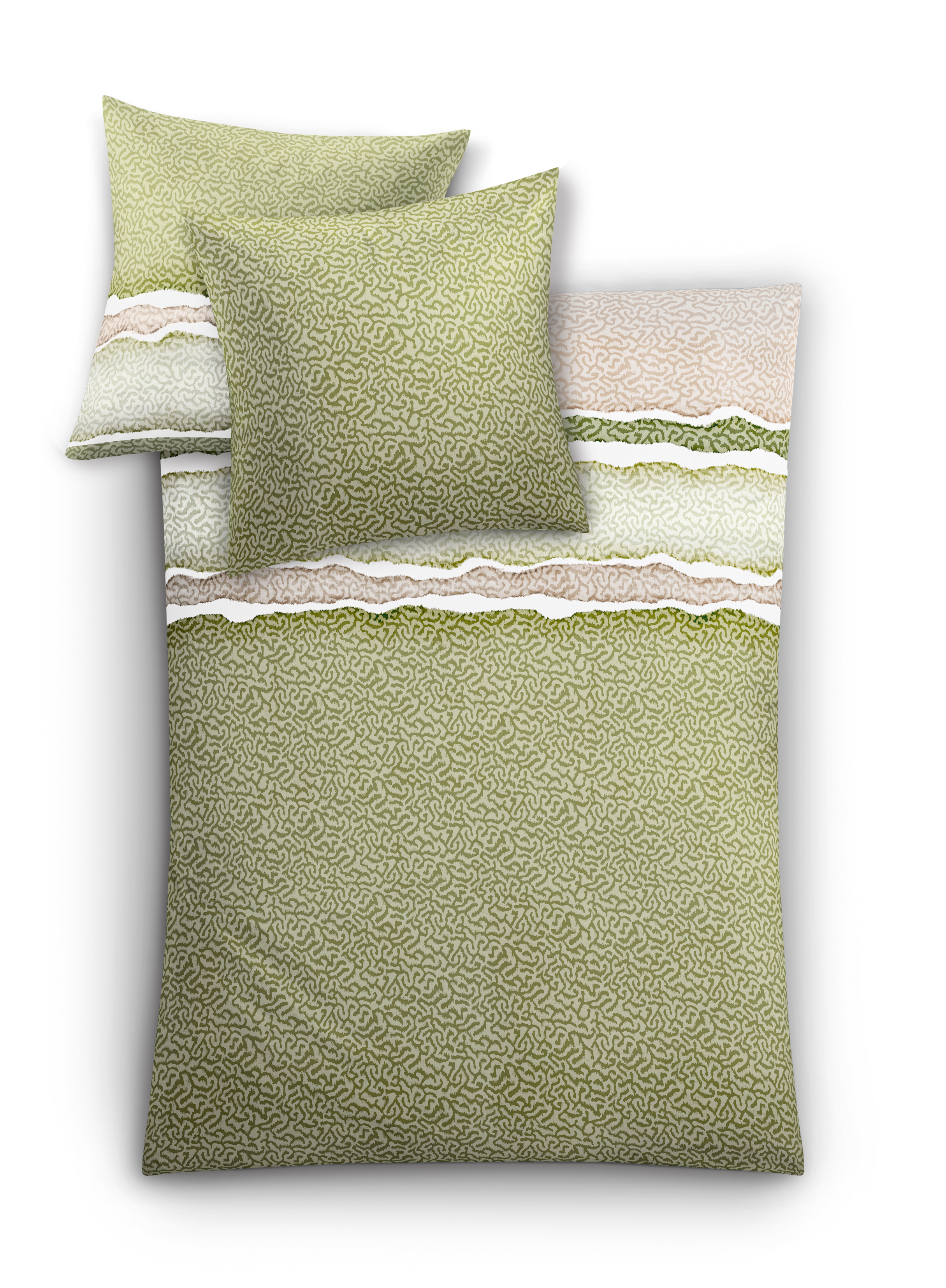 Grüne Bettwäsche mit filigranem Muster und dekorativen Streifen in Weiß und Beige, bestehend aus Decken- und Kissenbezug.