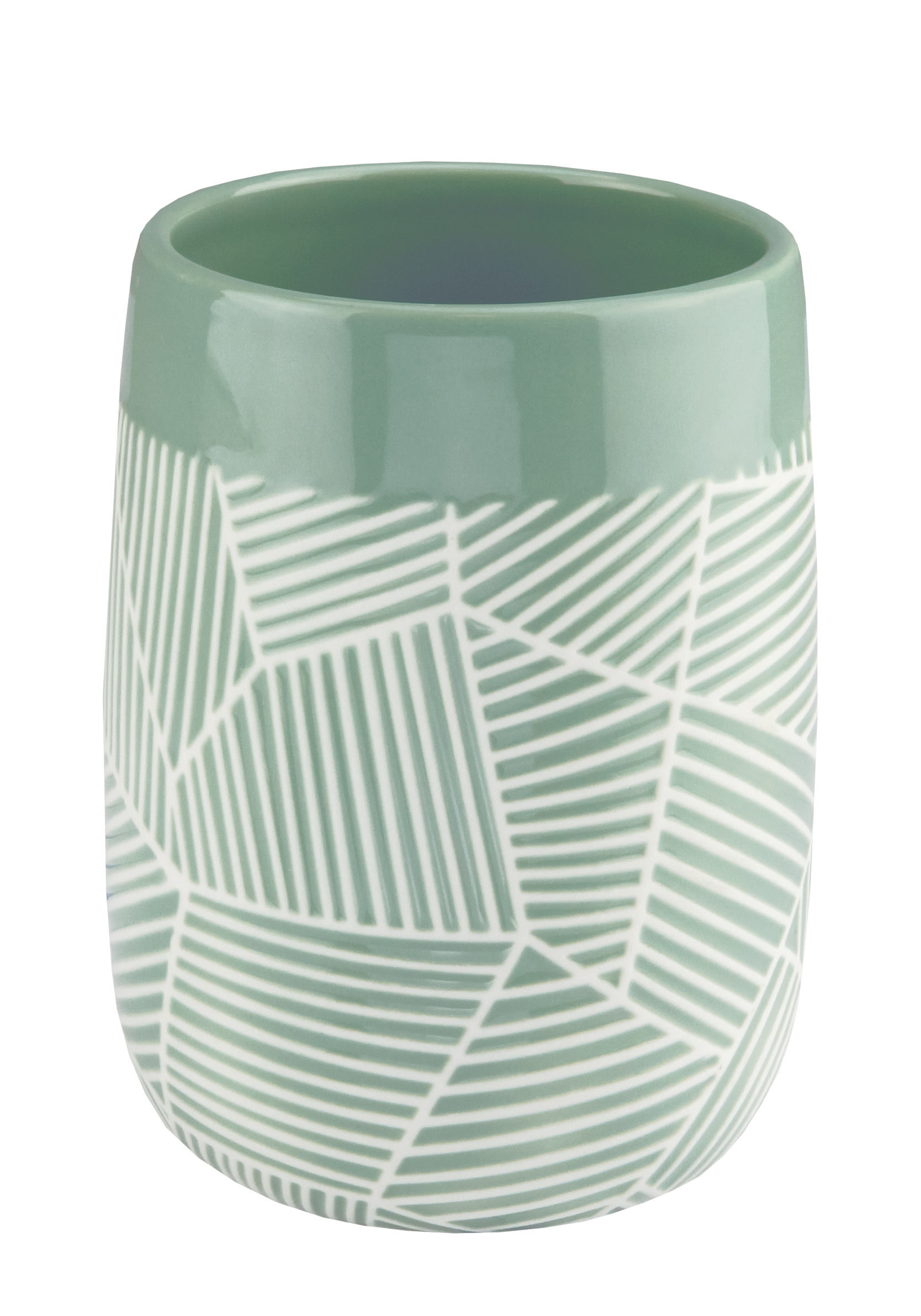 Grüner Zahnputzbecher mit weißem, geometrischem Linienmuster. Modernes Design, ideal für stilvolle Badezimmer.