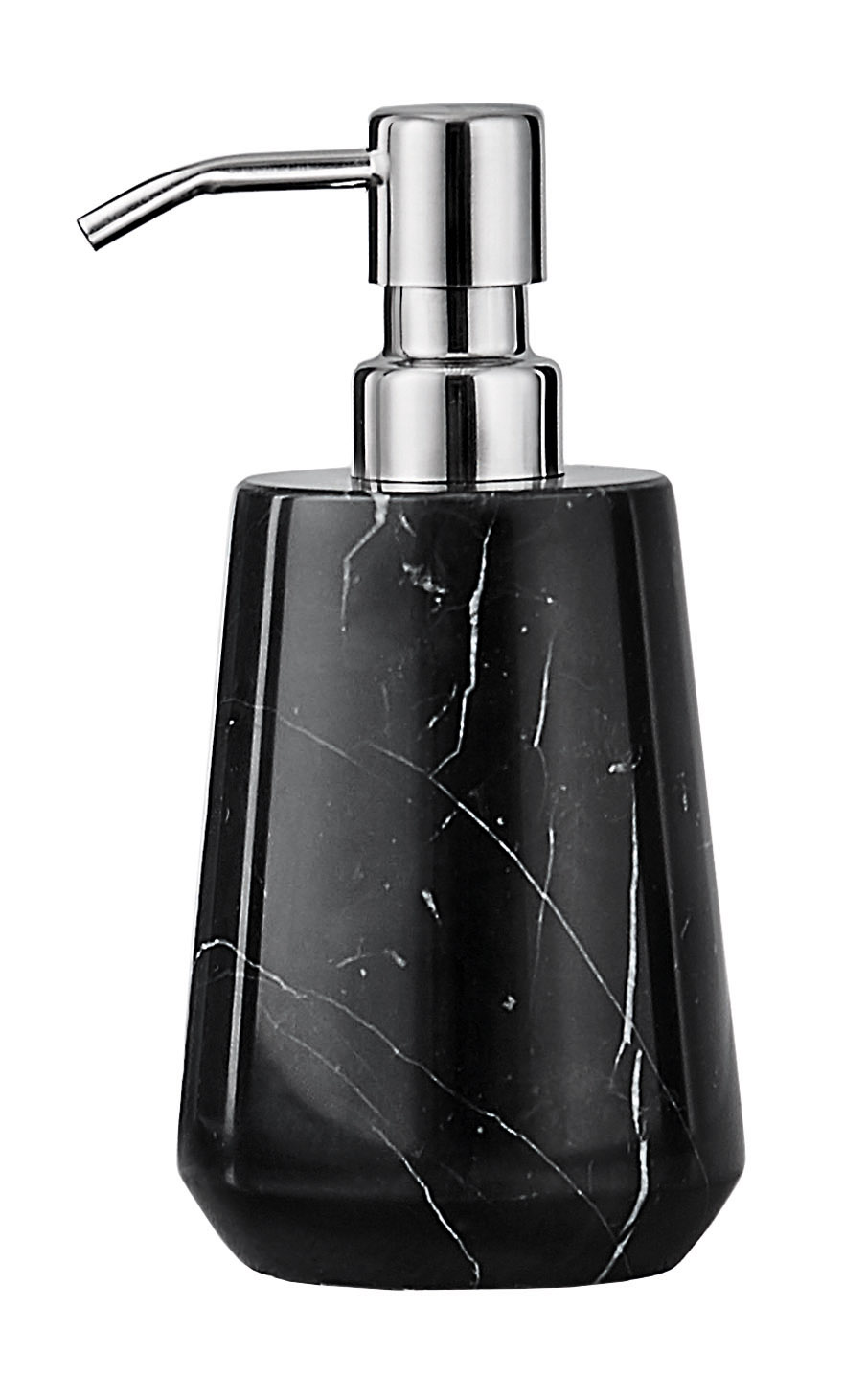 Seifenspender CARRARA Schwarz Schwarzer Seifenspender mit Marmor-Optik und silbernem Pumpkopf, elegantes Design für moderne Badezimmer.