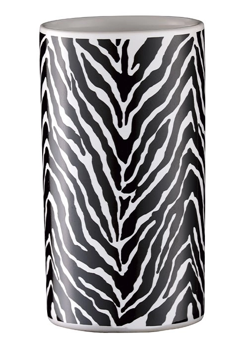 4004478316676 Schwarzer Becher mit weißem Zebramuster, ideal für Badezimmer oder Küche. Modernes Design, robust und stilvoll. Perfekt für jeden Raum.