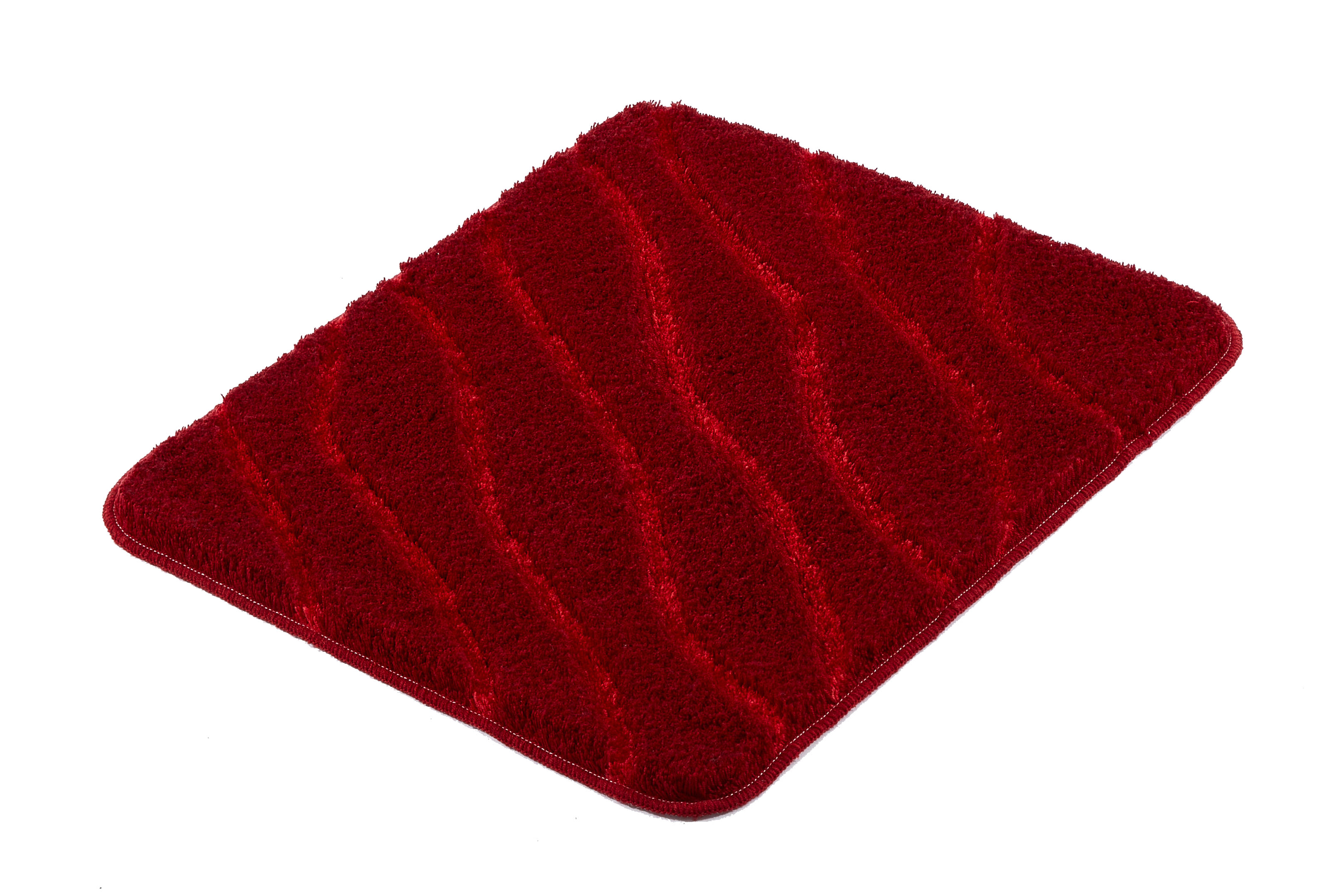Roter, rechteckiger Badezimmerteppich mit wellenförmigem Muster und weicher, flauschiger Oberfläche.