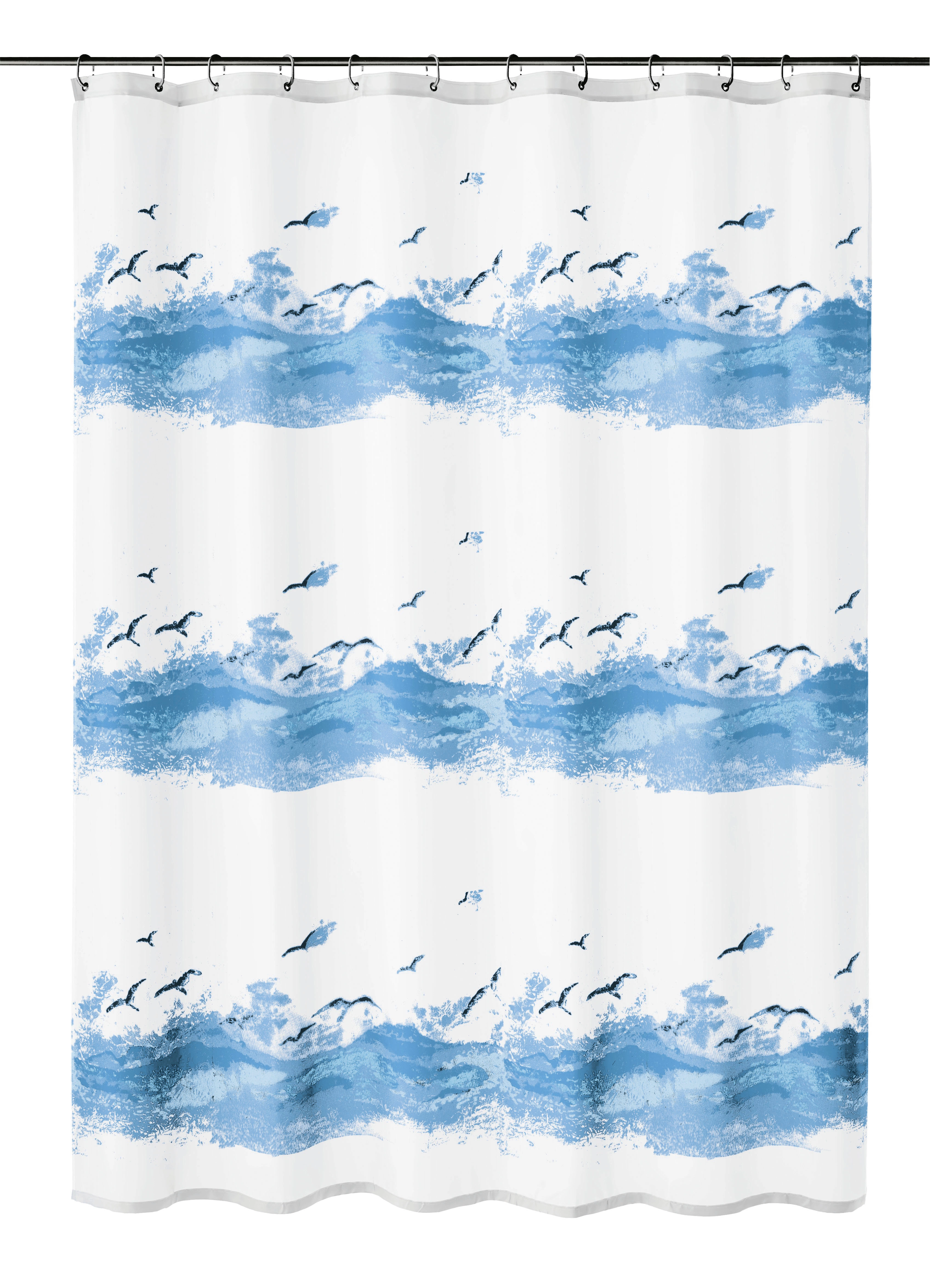Duschvorhang mit blauem Meeresmotiv und Möwen, ideal für ein maritimes Badezimmer. Hochwertiges Material und Design.
