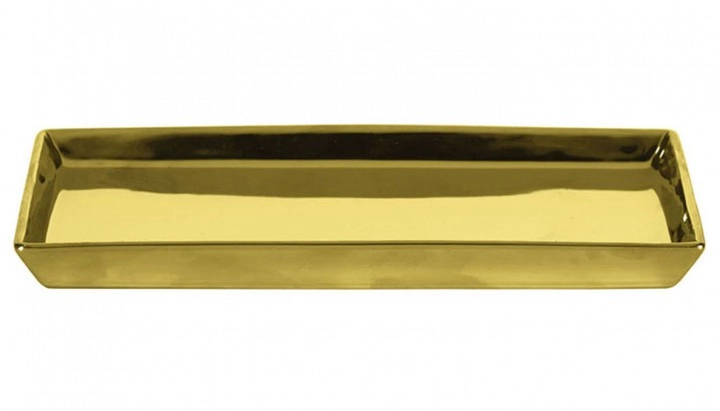 Goldenes rechteckiges Tablett mit glänzender Oberfläche, ideal für stilvolle Dekorationen oder als elegantes Serviertablett.