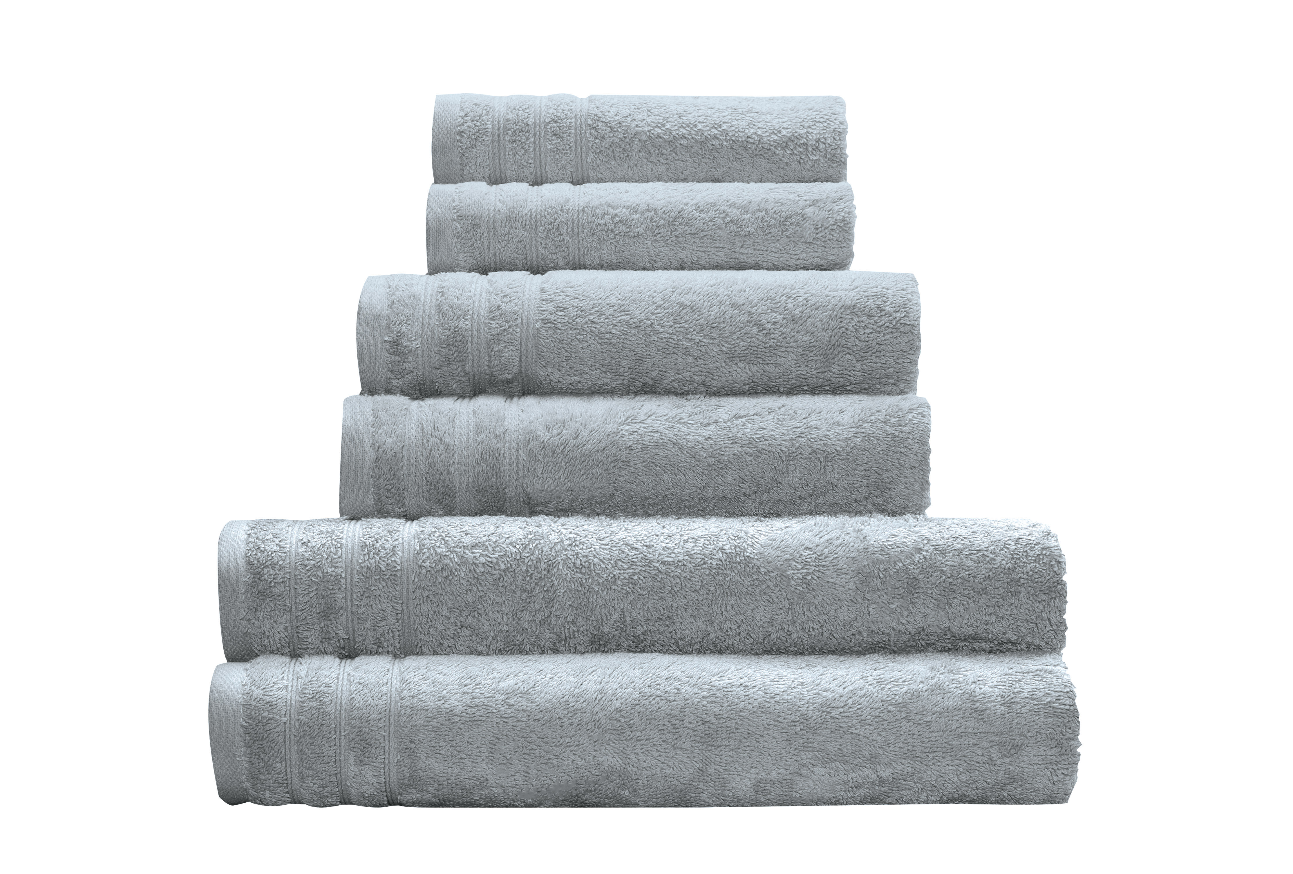 Frottier Handtuch ROYAL Platinfarben 50x100 cm Set aus sechs hellgrauen Handtüchern in verschiedenen Größen, weich und saugfähig, ideal für Badezimmer und Wellness.