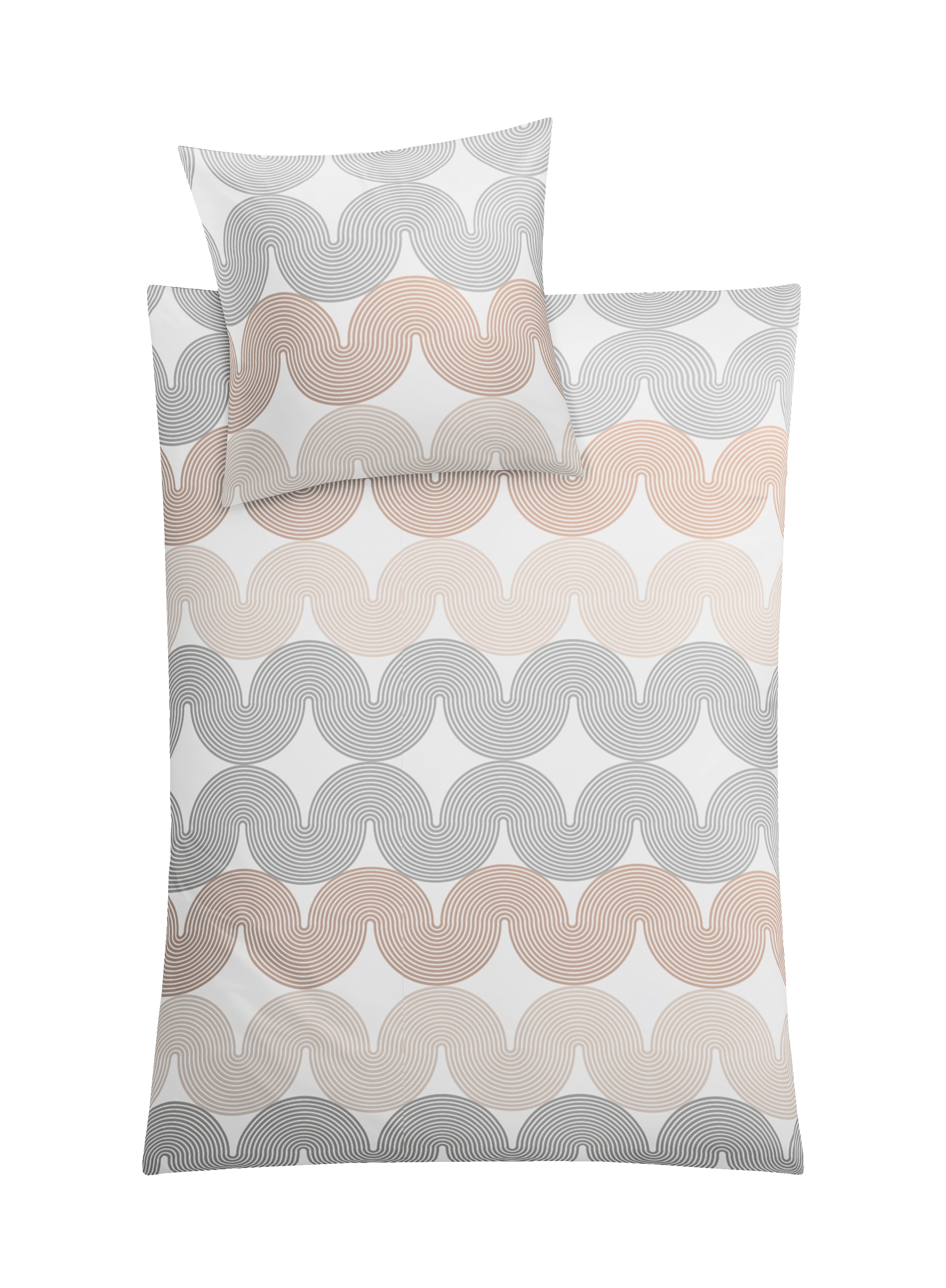 Bettwäsche-Set mit modernem Wellenmuster in Beige- und Grautönen, bestehend aus Decken- und Kissenbezug.