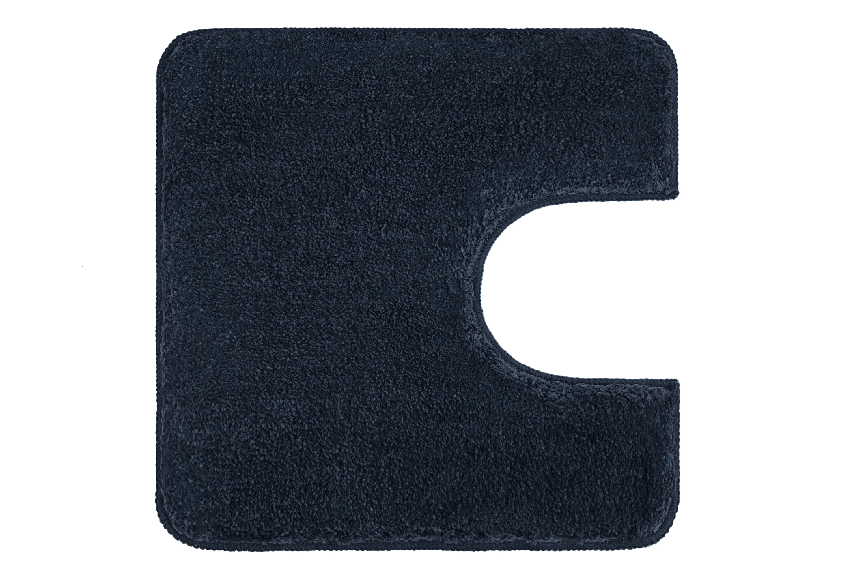 Dunkelblaue Badematte mit Ausschnitt für Toiletten, weiche Oberfläche, rutschfest und pflegeleicht.
