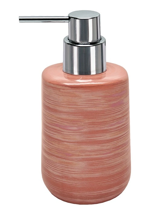 4004478306356 Eleganter Seifenspender in warmem Rosaton mit glänzendem Chrom-Pumpkopf. Ideal für stilvolle Badezimmerdekoration.