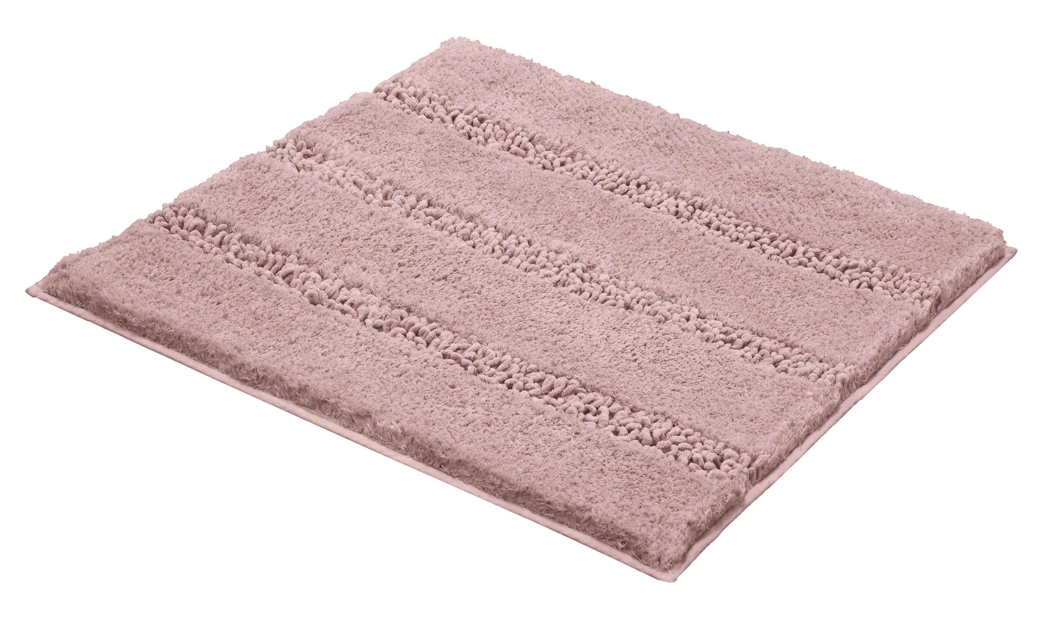 Weicher, rosafarbener Badteppich mit Streifenmuster, rutschfeste Unterseite, ideal für Badezimmer und Wellnessbereiche.