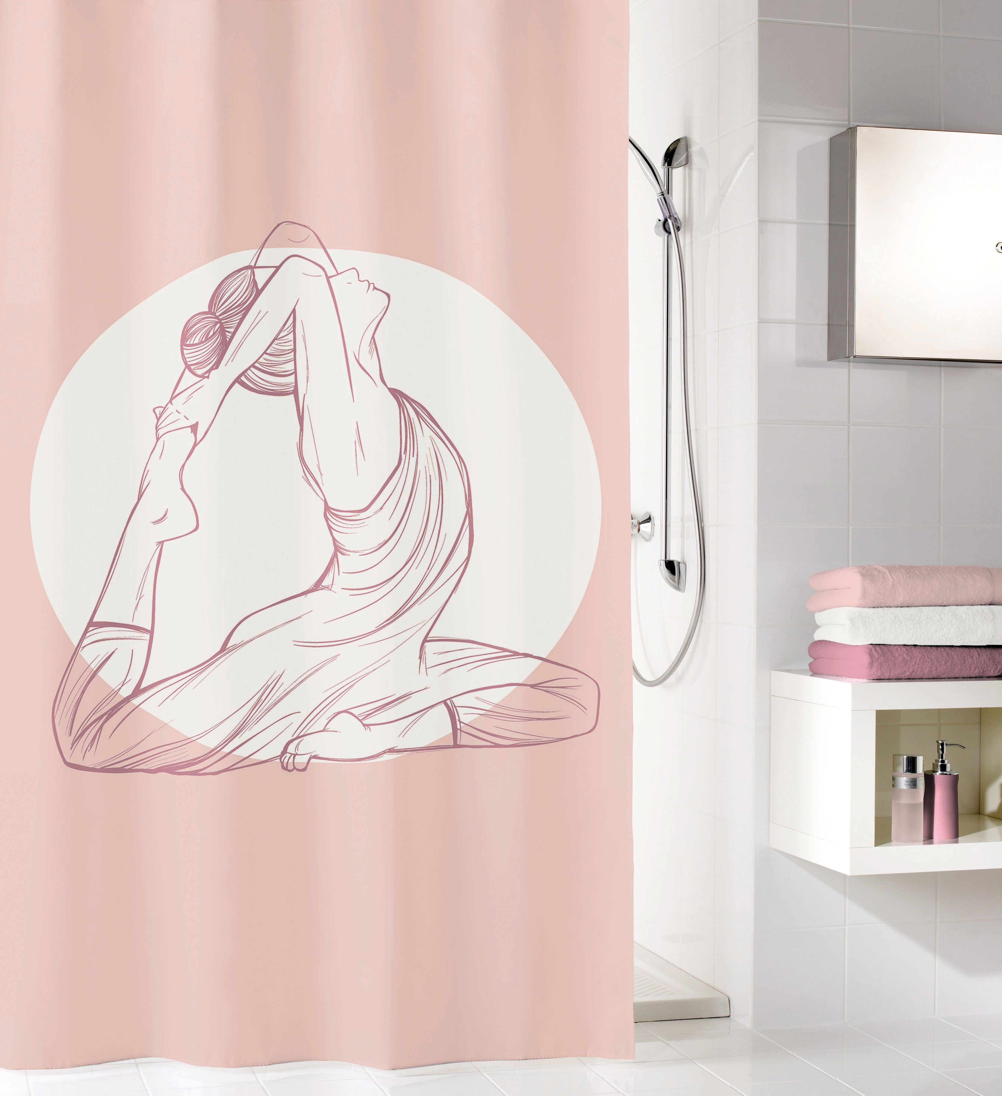 Duschvorhang in zartem Rosa mit elegantem Yoga-Motiv, ideal für ein stilvolles und entspannendes Badezimmerambiente.