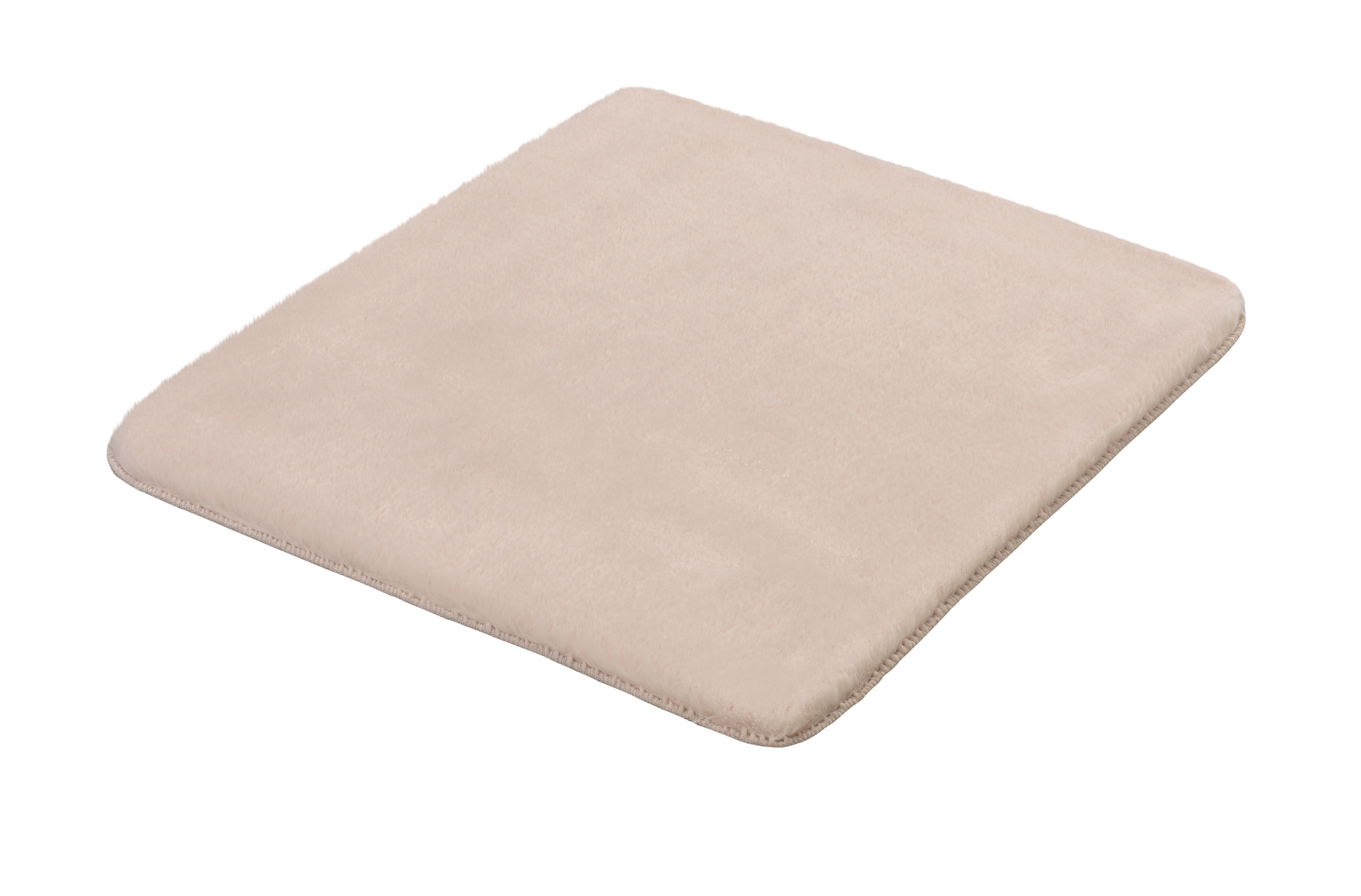 Beige, quadratische Badematte mit weicher Oberfläche und rutschfester Unterseite. Ideal für Badezimmer und Wellnessbereiche.