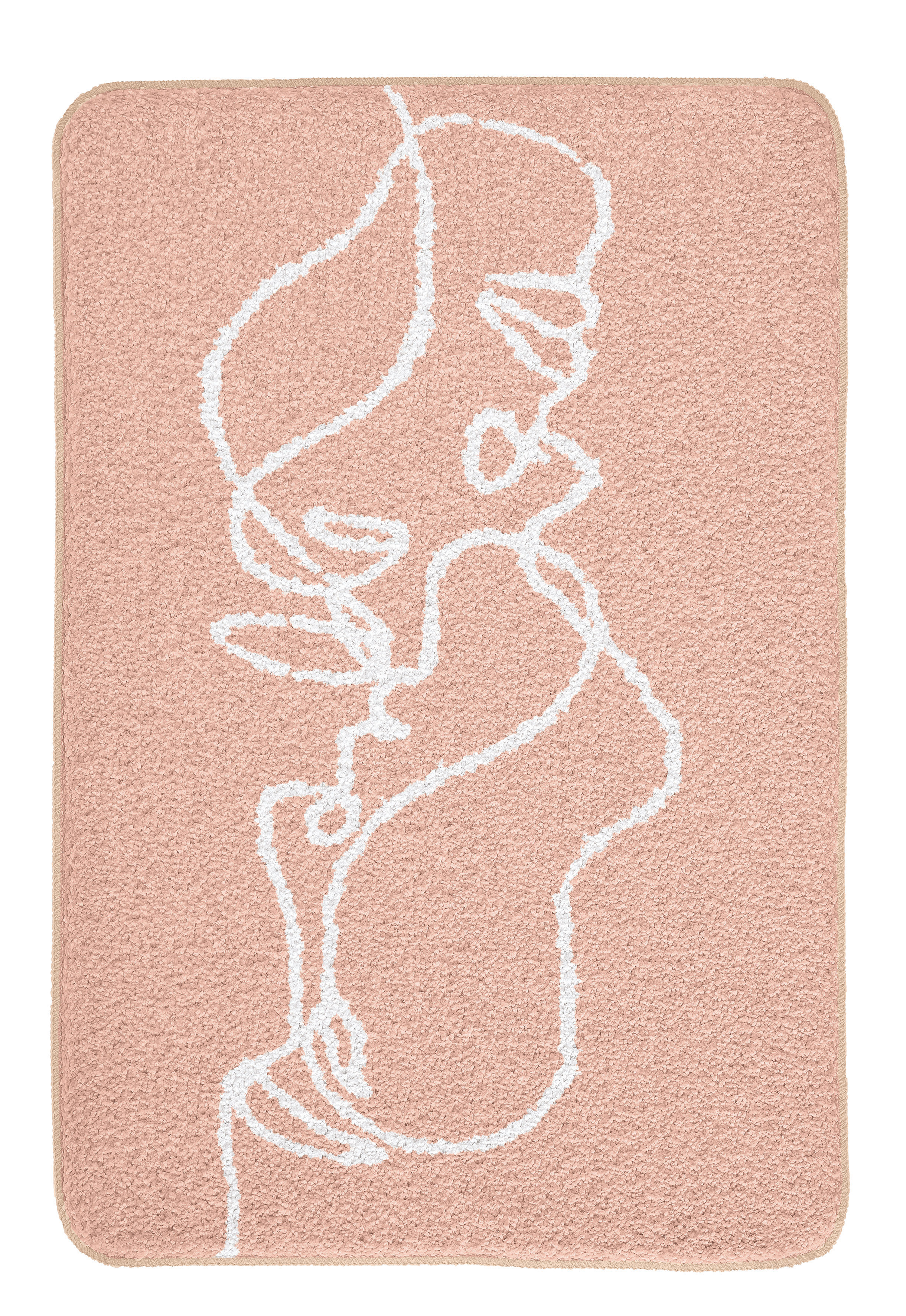 Badematte in zartem Rosa mit abstraktem, weißem Linienmuster. Rechteckige Form, weiche Textur, modernes Design.