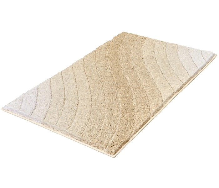 Beiger Badteppich mit wellenförmigem Muster, weiche Textur, rutschfeste Unterseite, ideal für Badezimmer.
