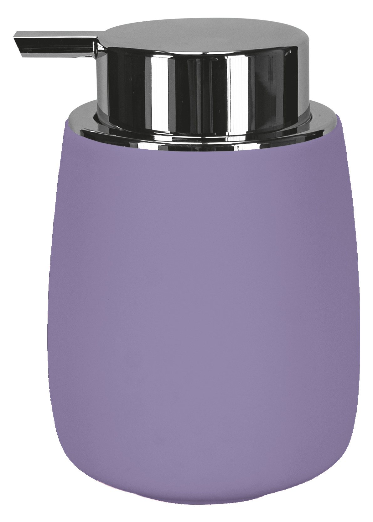 Lila Seifenspender mit glänzendem Chrom-Pumpkopf, modernes Design, ideal für stilvolle Badezimmer.