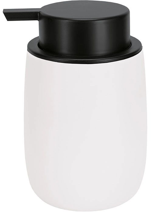 Moderner Seifenspender in Weiß mit schwarzem Pumpkopf. Stilvolles Design, ideal für Badezimmer und Küchen. Hochwertige Verarbeitung.