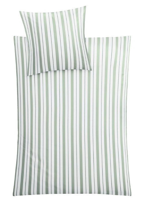 Bettwäsche-Set mit grün-weißen Streifen, bestehend aus einem Kissenbezug und einem Deckenbezug. Ideal für ein modernes Schlafzimmer.
