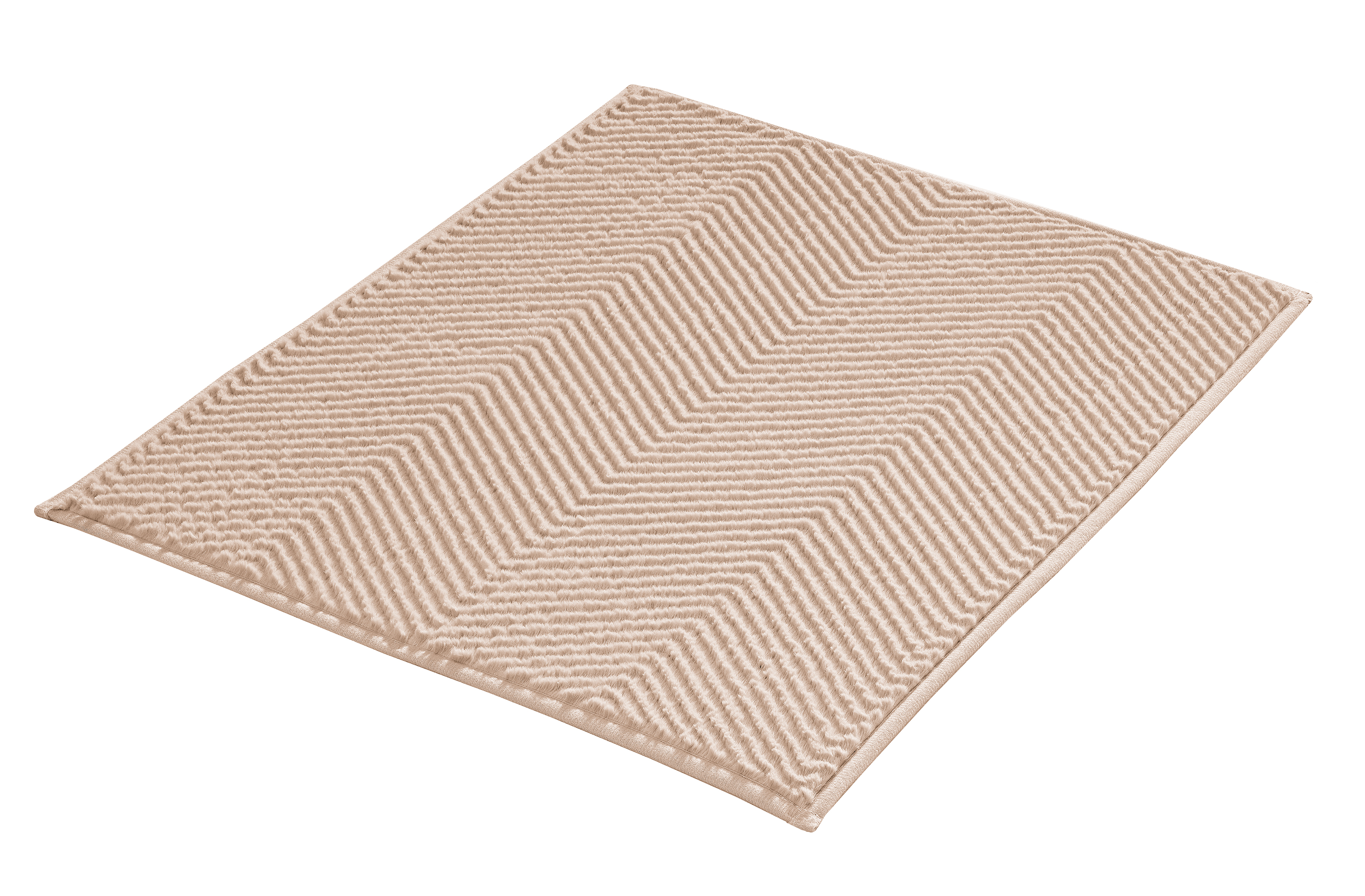 Beige Badematte mit Chevron-Muster, weiche Textur, rutschfeste Unterseite, ideal für Badezimmer und Wellnessbereiche.