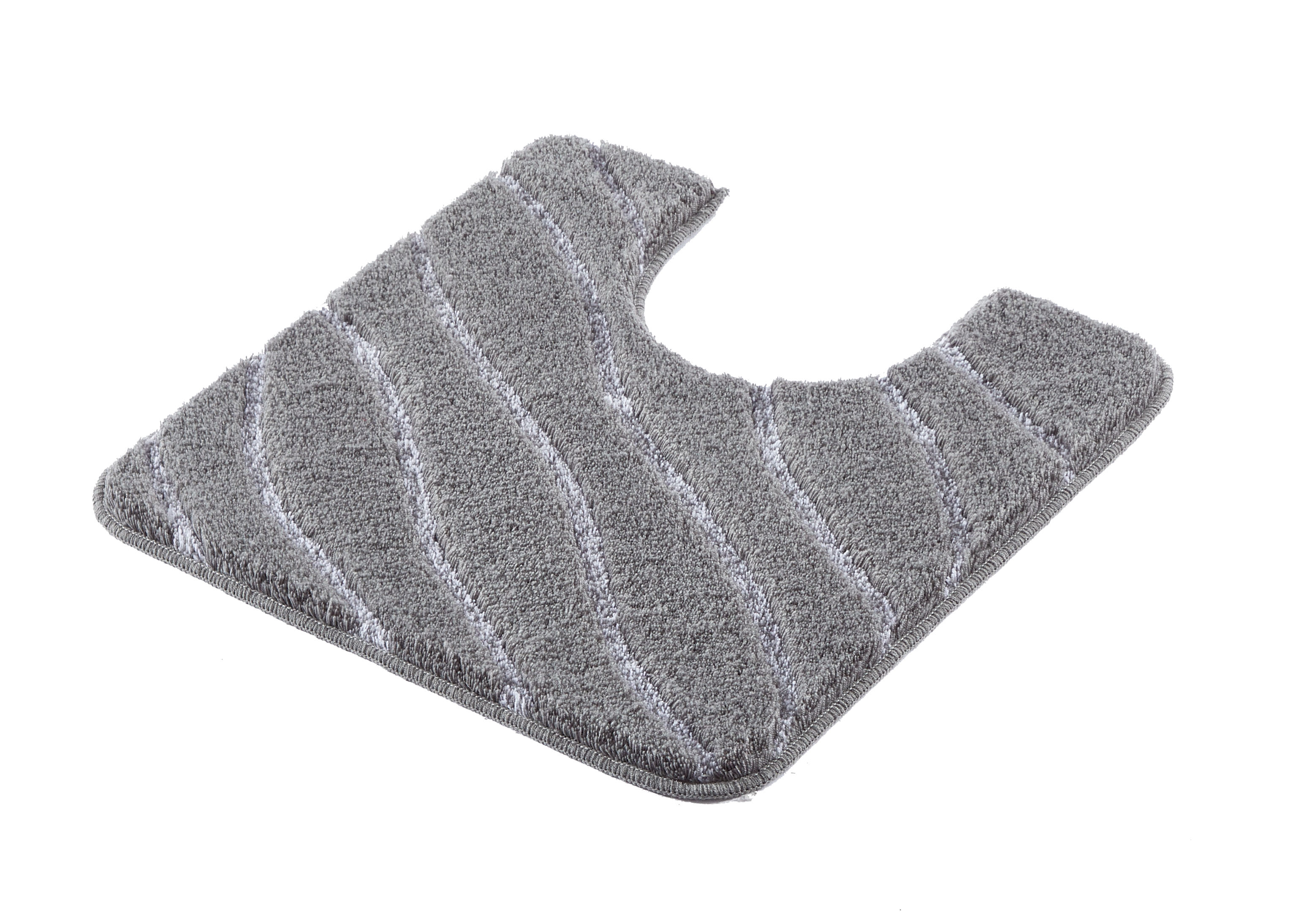 Grauer WC-Vorleger mit wellenförmigem Muster, weiche Textur, rutschfeste Unterseite, ideal für Badezimmer.
