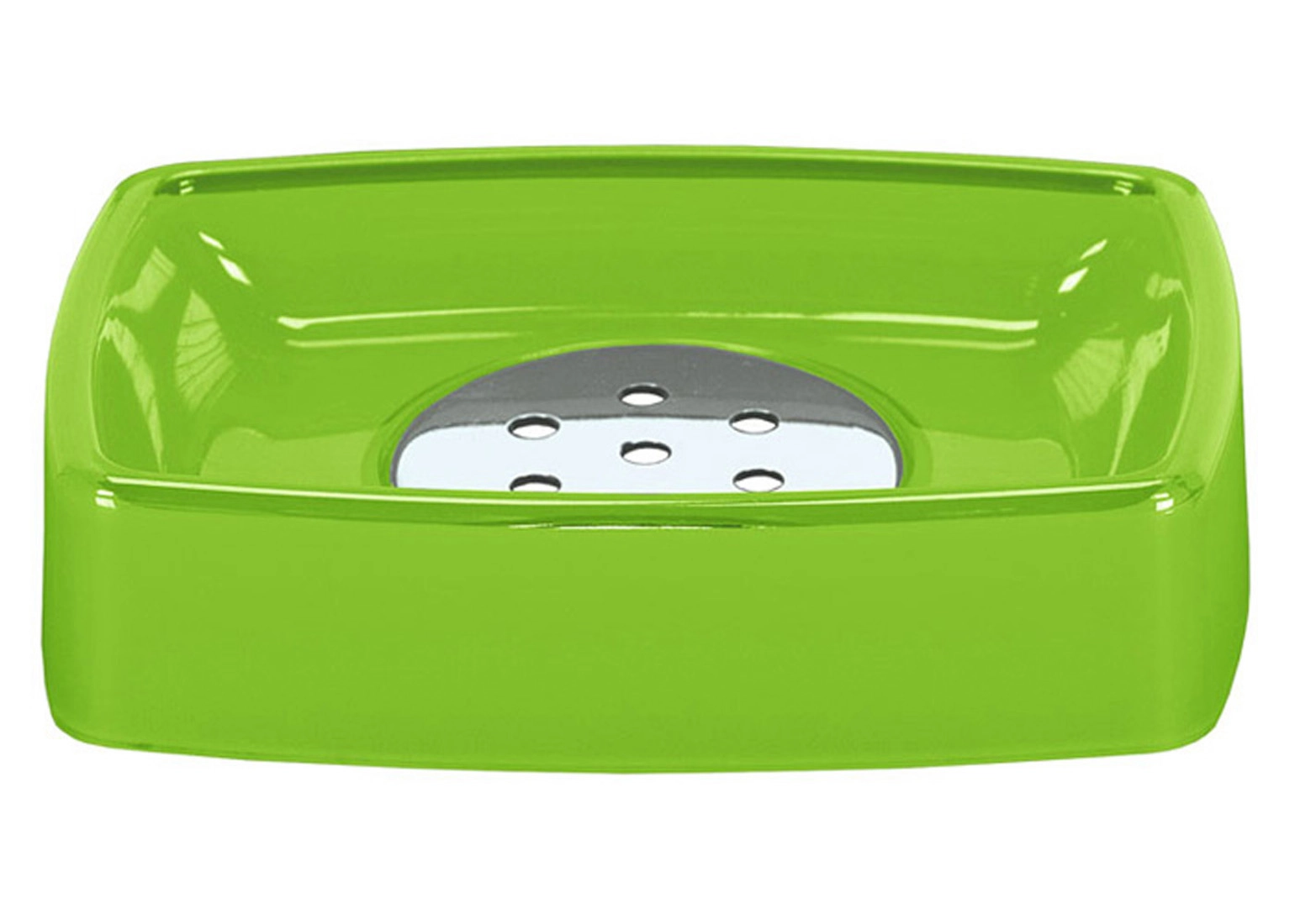 Grüne Seifenschale mit herausnehmbarem Einsatz und Abflusslöchern.