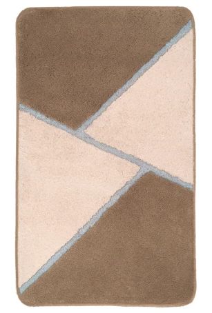 Moderner Badteppich in Taupe mit geometrischem Muster in Beige und Blau. Rechteckige Form, weiche Oberfläche.