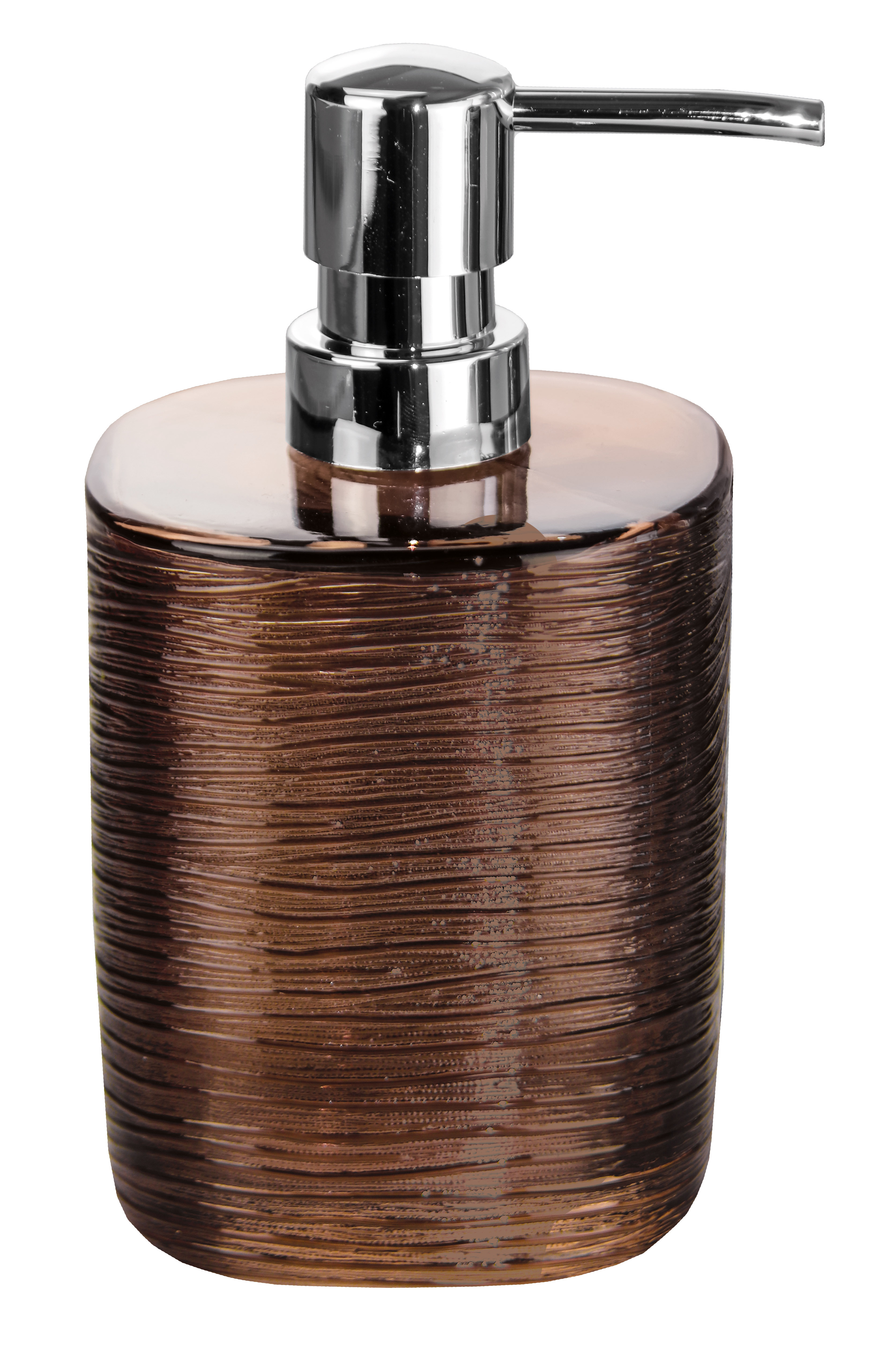Brauner Seifenspender mit strukturierter Oberfläche und glänzendem Chrom-Pumpkopf.