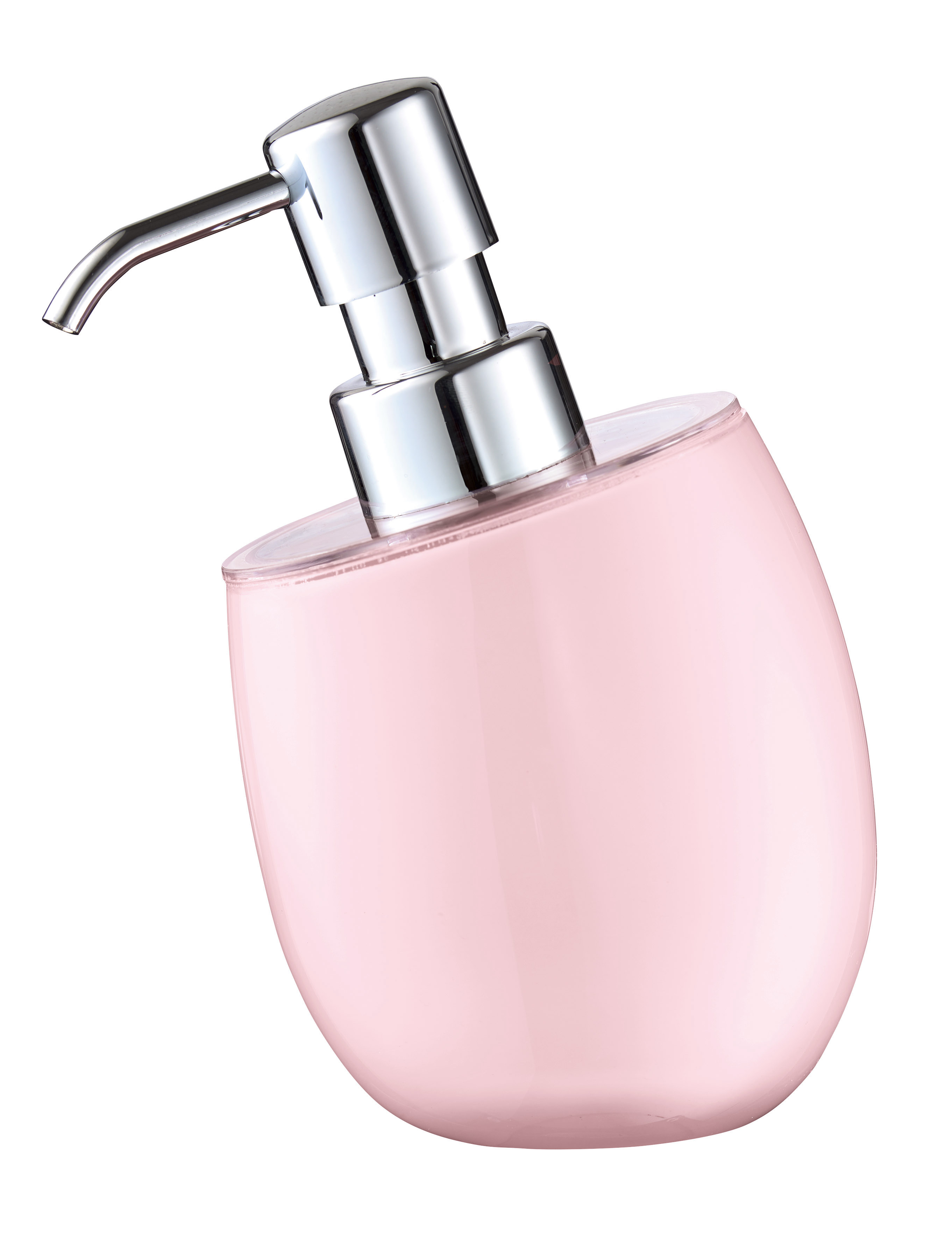 Eleganter Seifenspender in zartem Rosa mit glänzendem Chrom-Pumpkopf. Ideal für moderne Badezimmer.