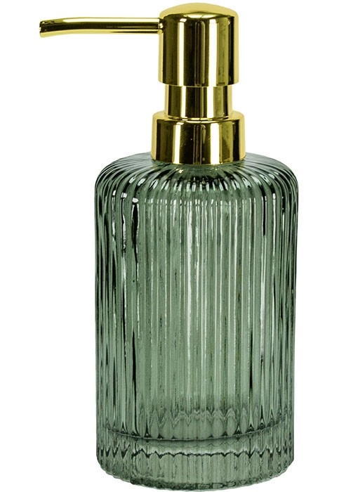 4004478319684 Seifenspender aus grünem geripptem Glas mit goldfarbenem Pumpkopf, elegant und stilvoll für jedes Badezimmer.