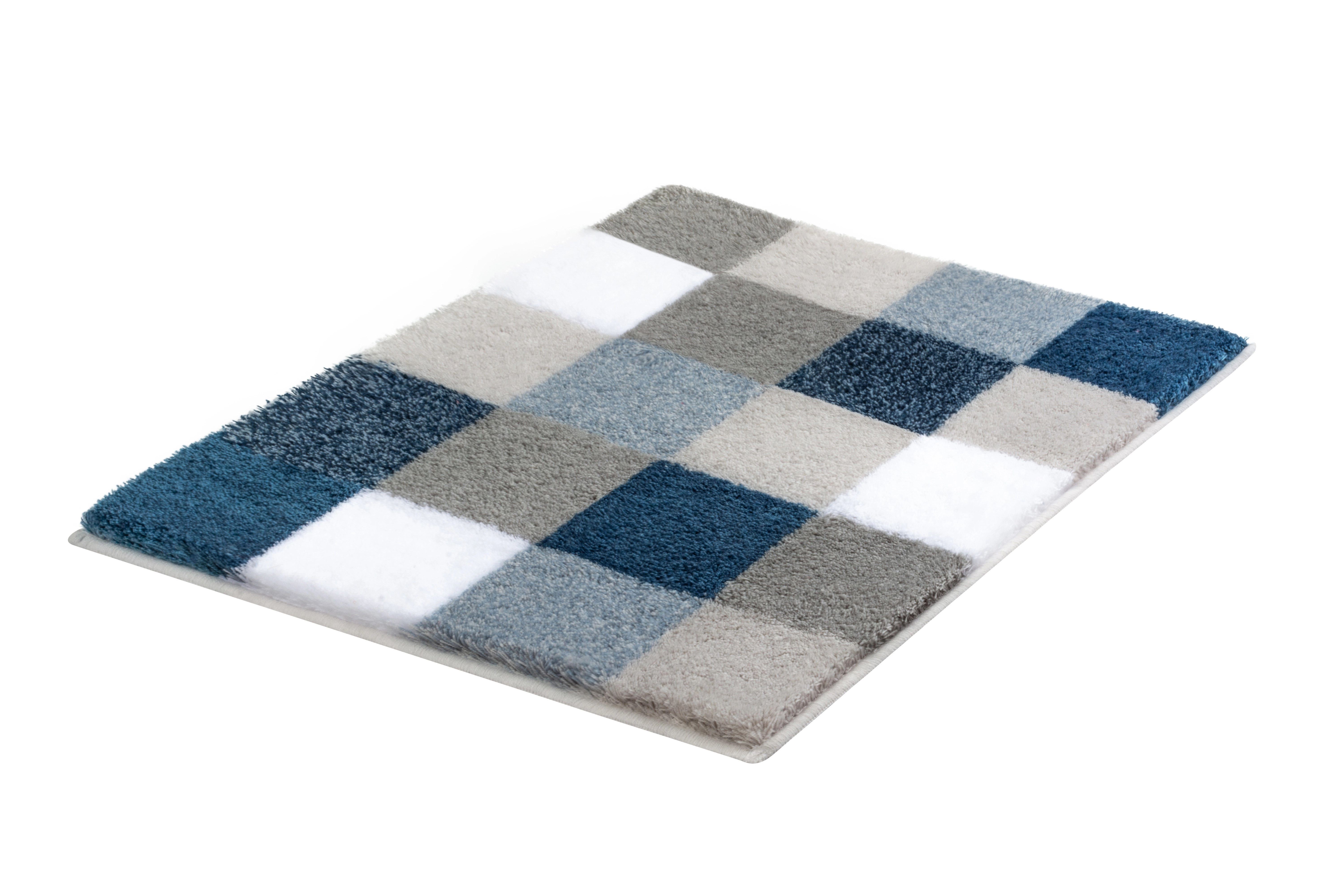 Badteppich CARO Mare 55 x 65 cm Badematte mit Karomuster in Blau-, Grau- und Weißtönen, weiche Textur, ideal für Badezimmer.