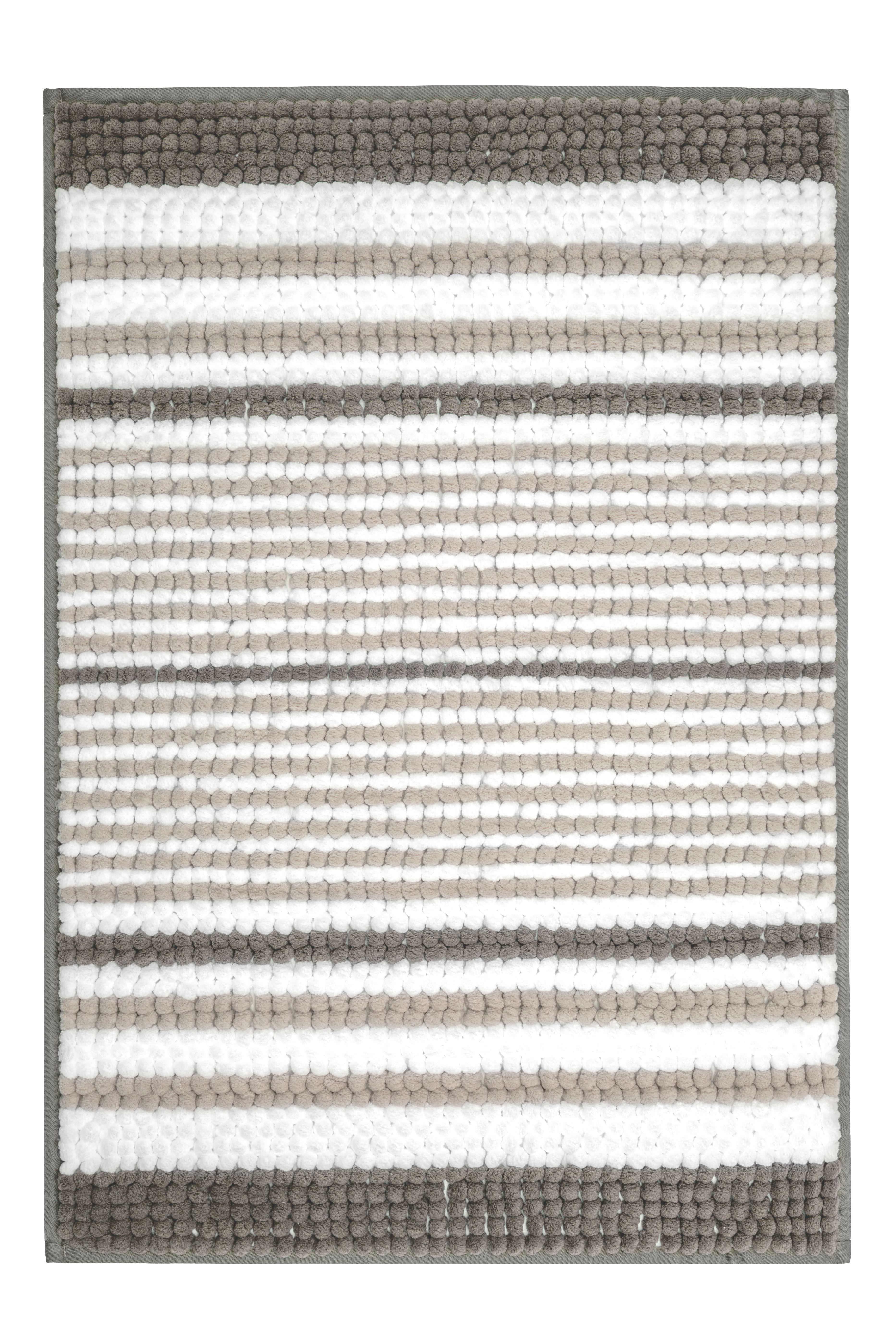Quadratischer Badteppich mit Streifenmuster in Grau- und Weißtönen, weiche Textur, ideal für moderne Badezimmer.
