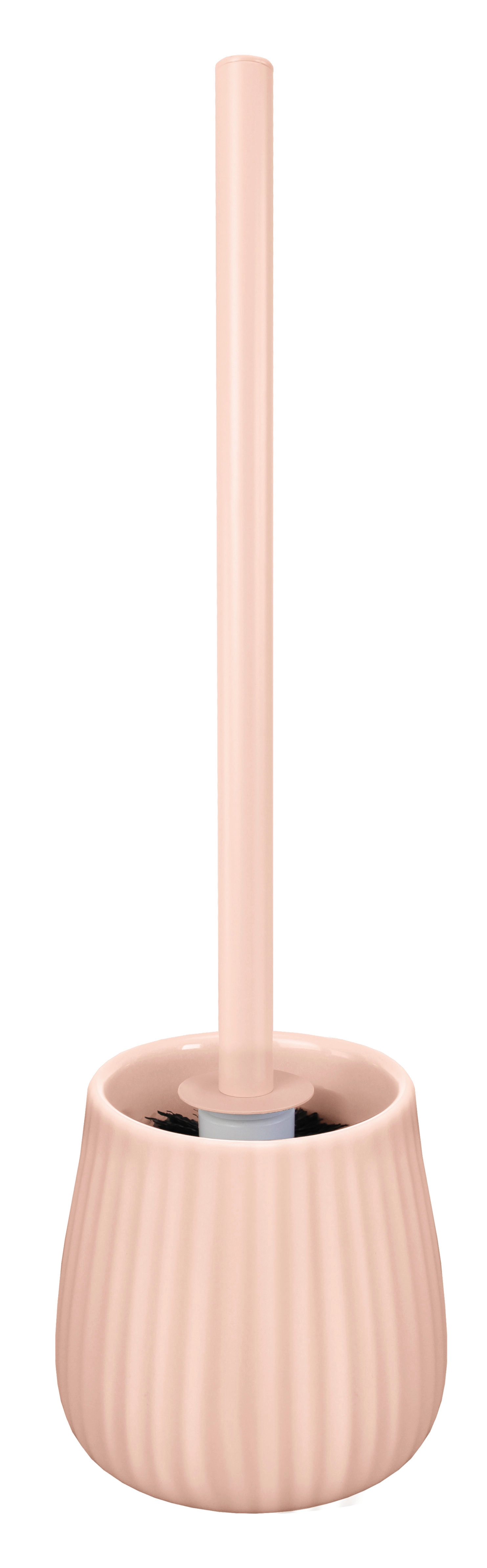 Toilettenbürste in zartem Rosa mit geriffeltem Behälter, modern und stilvoll für jedes Badezimmer.