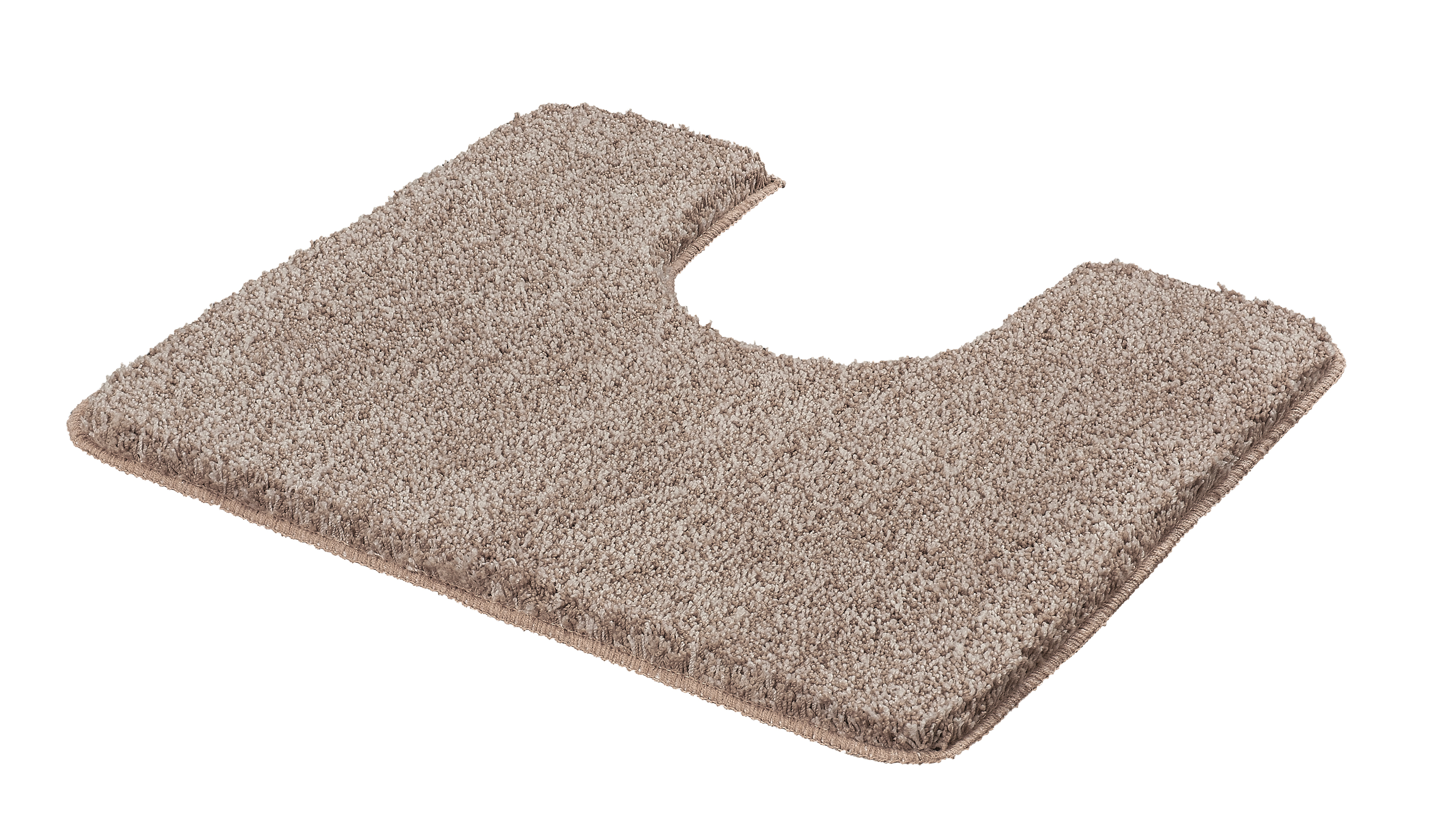 Beige Badematte mit Ausschnitt für Toiletten, weiche Textur, rutschfeste Unterseite, ideal für Badezimmer.