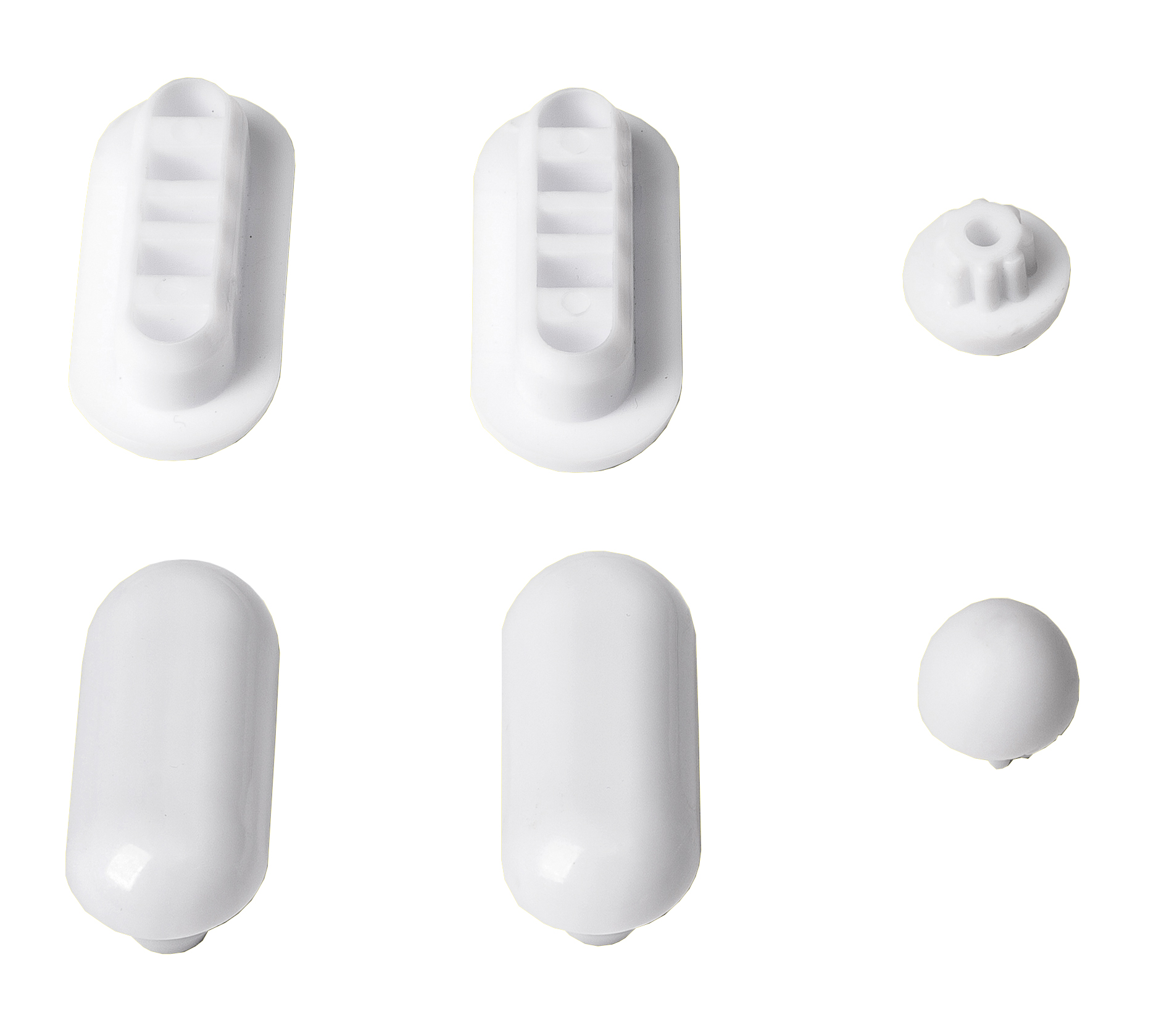 Ersatzteil-Deckelpuffer Weiß Set 6-teilig Montageset für WC-Sitz, bestehend aus weißen Deckelpuffern in verschiedenen Formen und Größen.