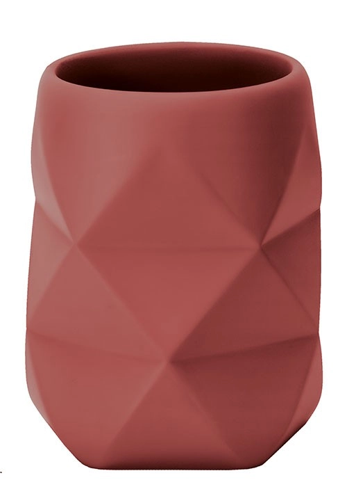 Moderner Zahnputzbecher in geometrischem Design und mattem Rot. Ideal für stilvolle Badezimmerdekoration.