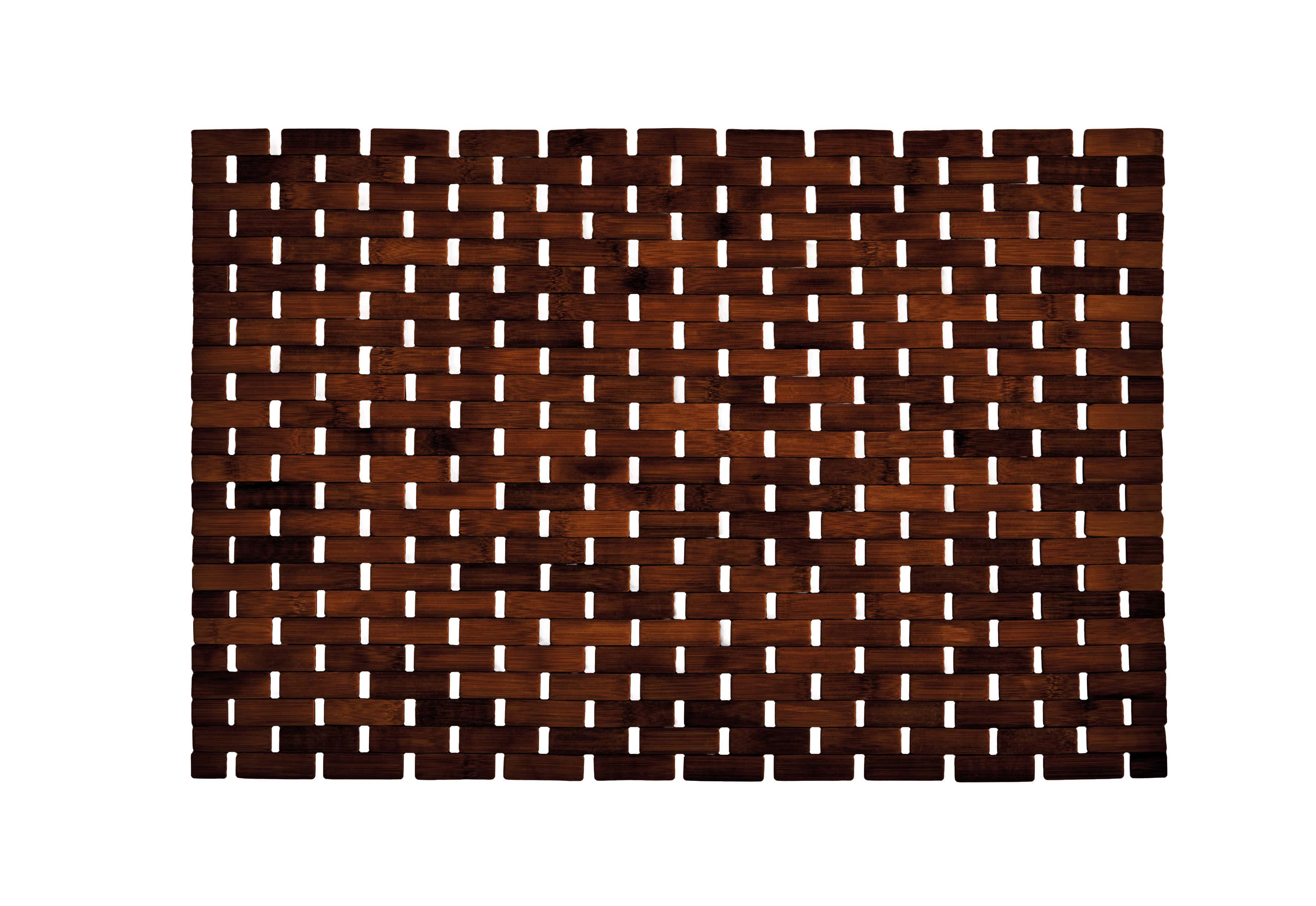 Badematte aus Bambus PALITO Nussbraun 50 x 70 cm Holz-Badvorleger in dunklem Braun mit geflochtenem Design. Ideal für ein stilvolles und natürliches Badezimmerambiente.