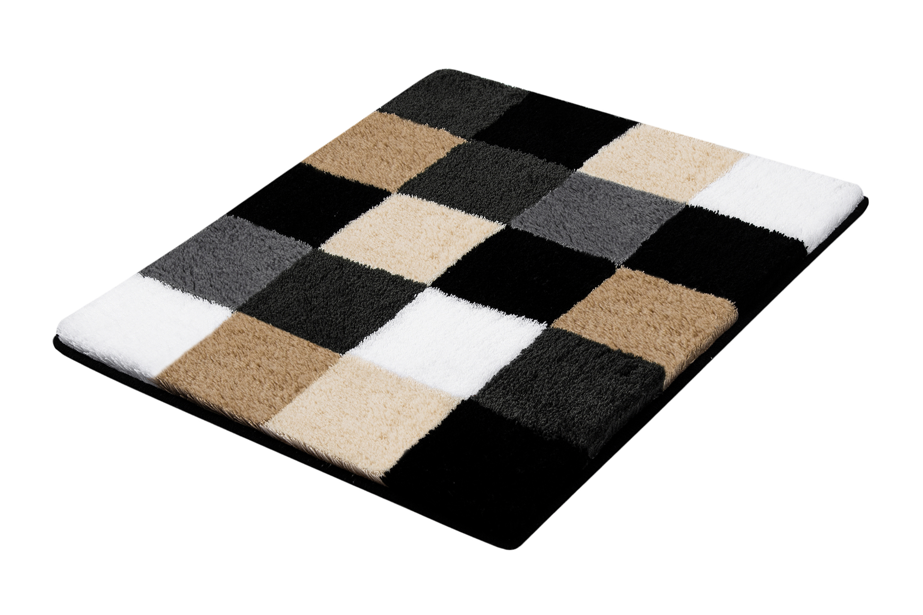 Badematte mit Schachbrettmuster in Schwarz, Weiß, Grau und Beige. Weiche, flauschige Oberfläche für ein angenehmes Gefühl.