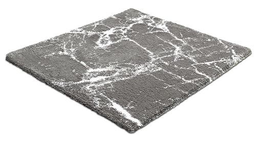 Grauer Teppich mit weißem Marmor-Muster, rechteckig, weiche Textur, ideal für modernes Wohnambiente.