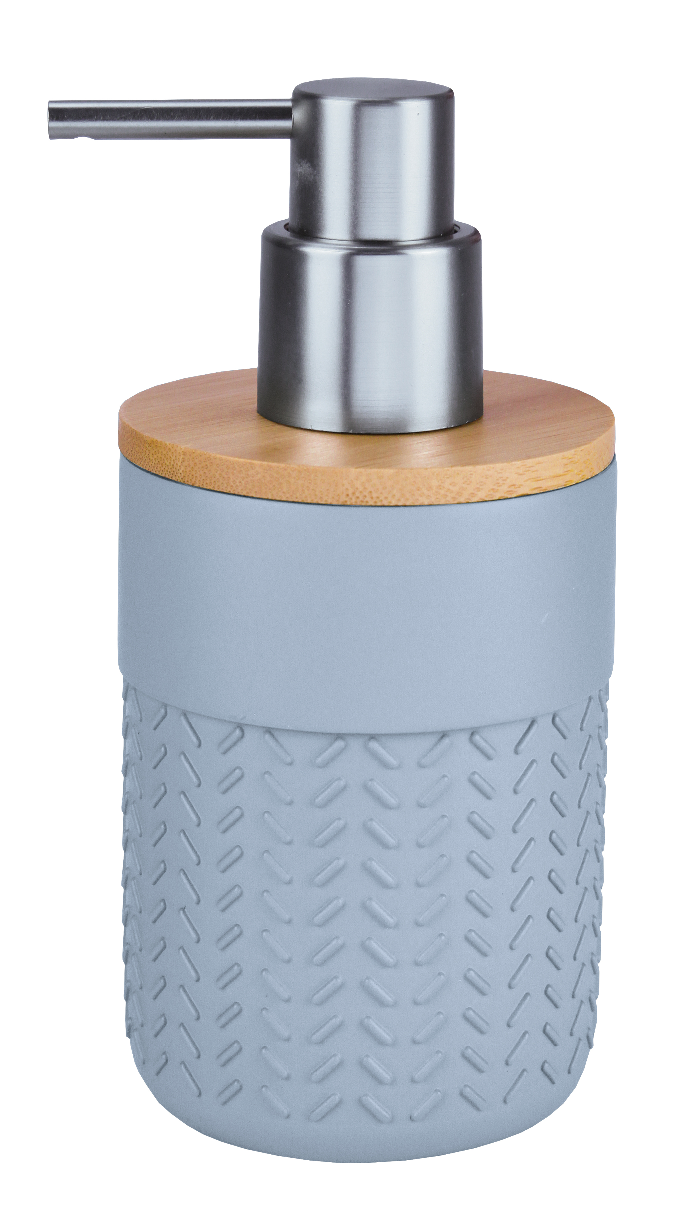 Seifenspender DASH Iceblue Moderner Seifenspender mit grauer, strukturierter Oberfläche, Bambusdeckel und Edelstahlpumpe. Ideal für stilvolle Badezimmer.