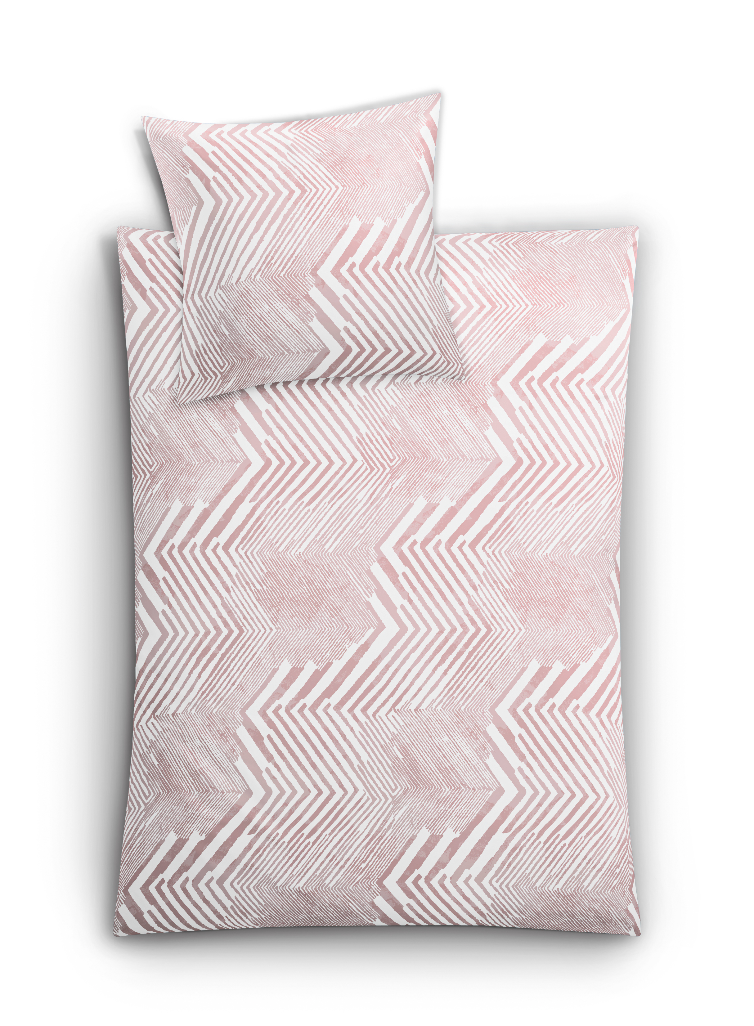 Bettwäsche-Set mit geometrischem Muster in Rosa und Weiß, bestehend aus einem Kissenbezug und einem Deckenbezug.