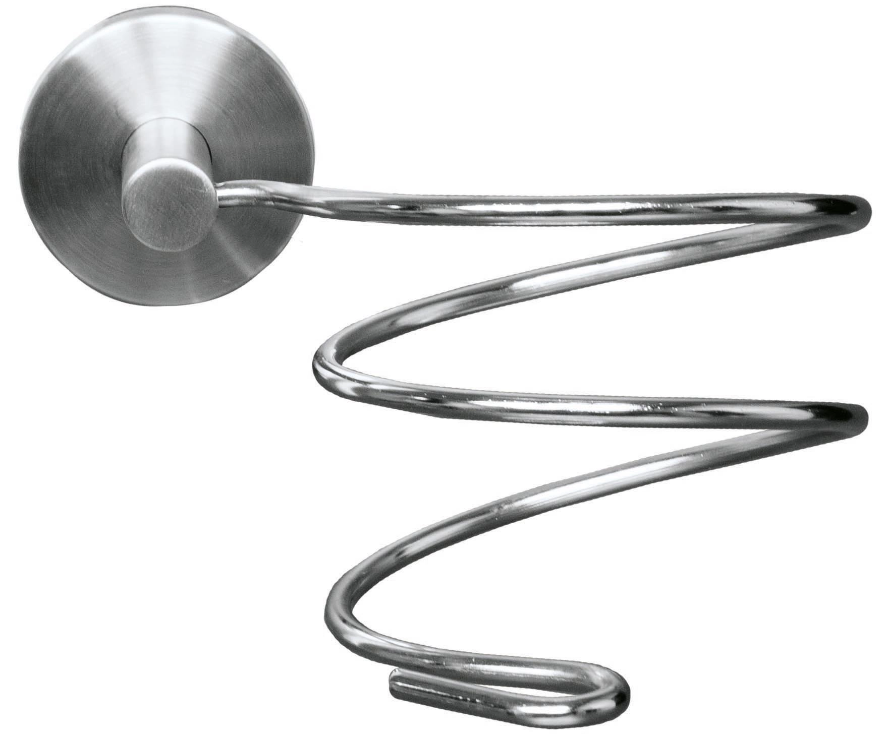 Fönhalter ALLEGRA Chromfarben Wandhalterung für Haartrockner aus Edelstahl in spiralförmigem Design. Ideal für eine stilvolle und platzsparende Aufbewahrung.