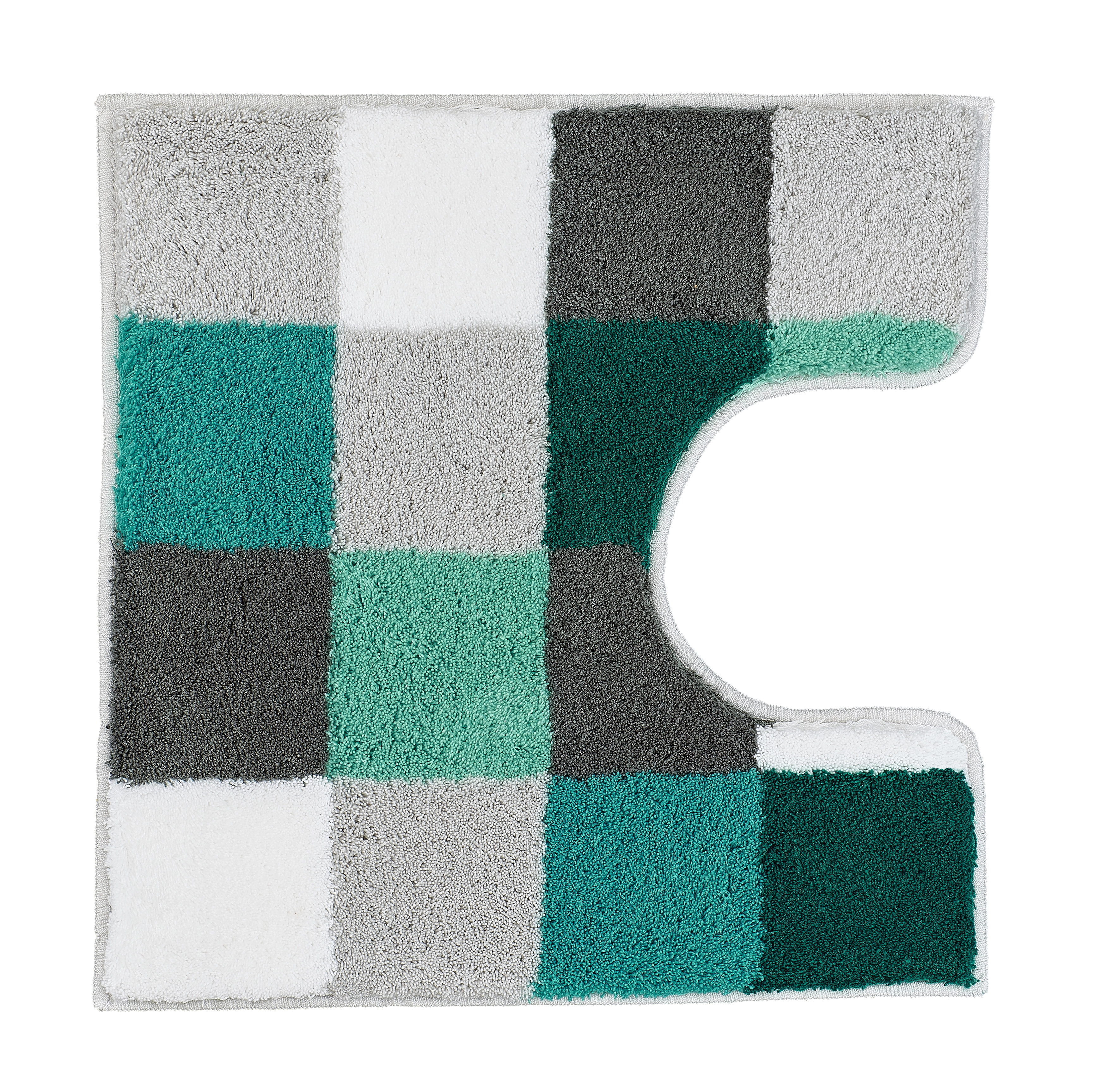 WC-Vorleger CARO Petrol 55 x 55 cm mit Ausschnitt Bunte Badematte mit Karomuster in Grün-, Grau- und Weißtönen, Ausschnitt für WC. Weich und rutschfest.