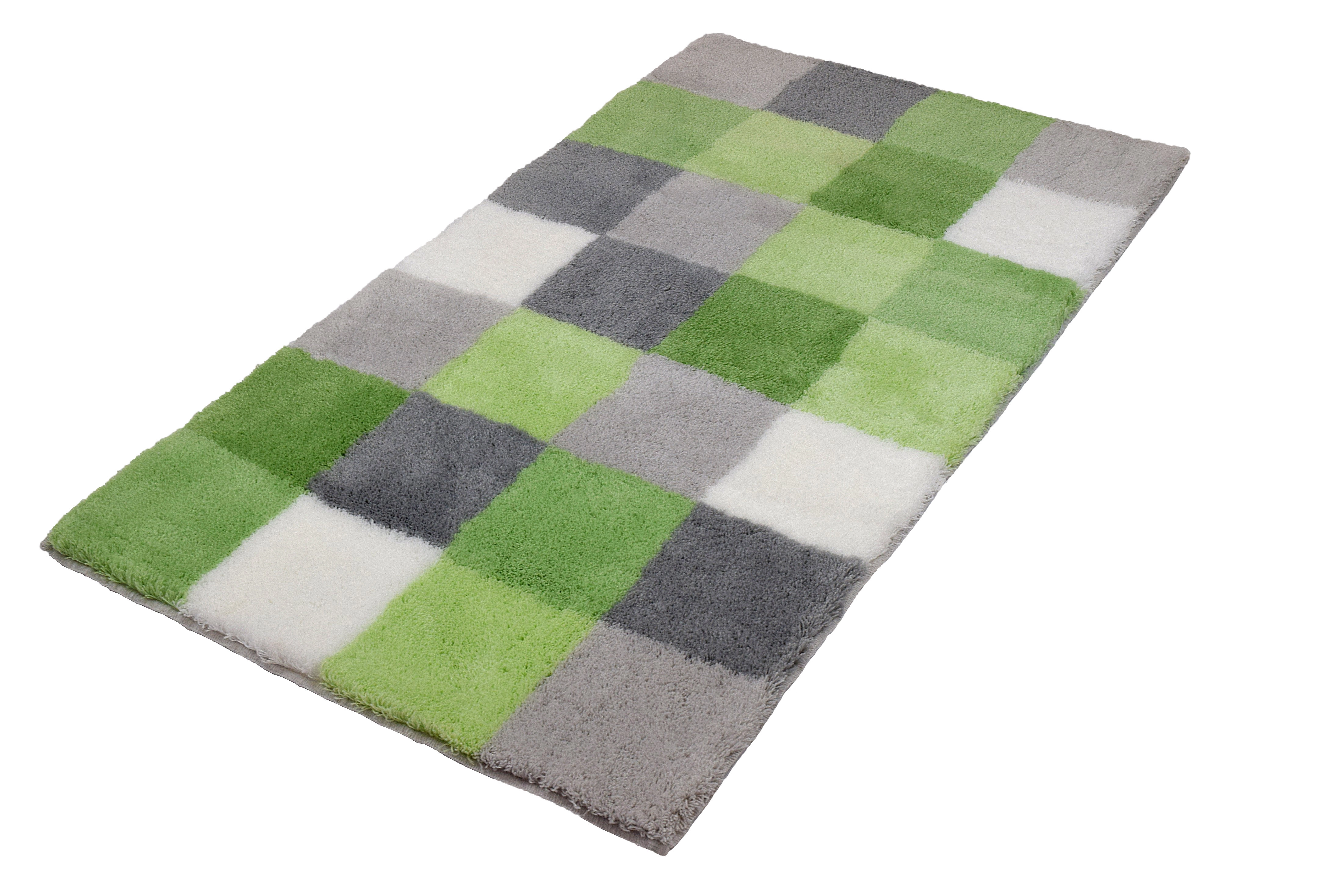 Bunter Teppich mit Karomuster in Grün-, Grau- und Weißtönen, weiche Textur, ideal für Wohn- und Schlafzimmer.