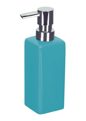 4004478195660 Türkisfarbener Seifenspender mit glänzendem Chrom-Pumpkopf, modernes Design, ideal für Badezimmer und Küchen.