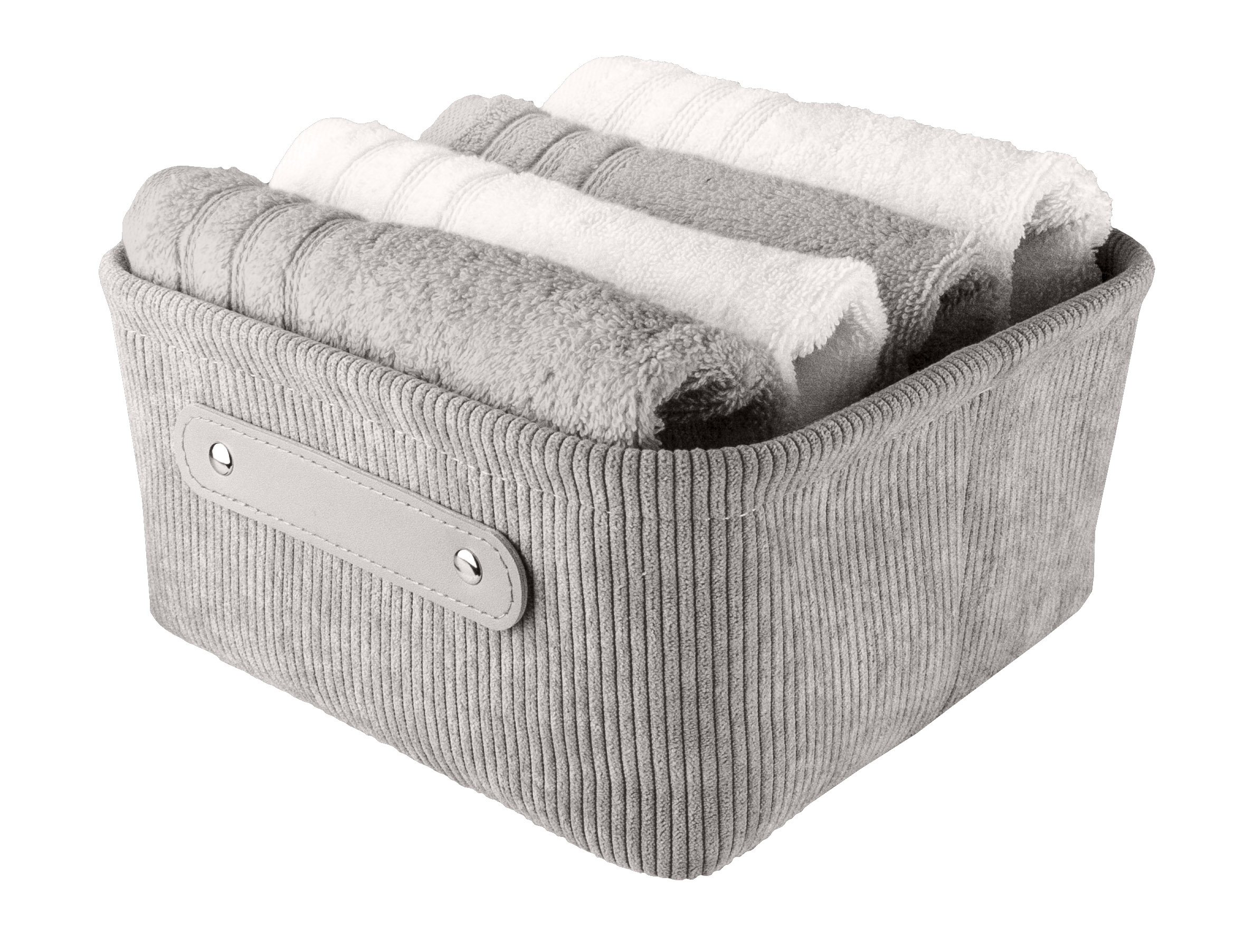 Grauer Aufbewahrungskorb aus Stoff mit vier gefalteten Handtüchern in Weiß und Grau. Ideal für Badezimmer oder Schlafzimmer.