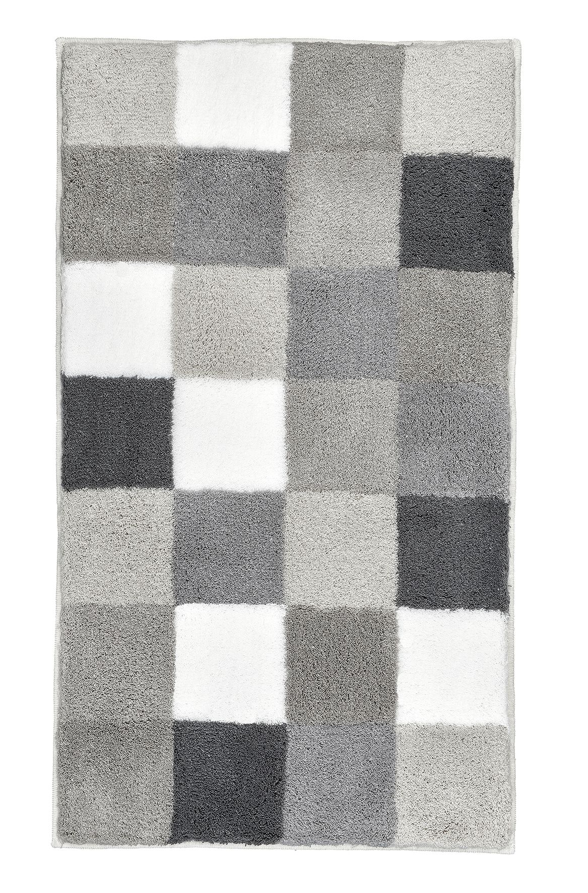 Badteppich CARO Flanell 60 x 105 cm Grauer Badteppich mit kariertem Muster in verschiedenen Grautönen und Weiß. Weiche, flauschige Textur.