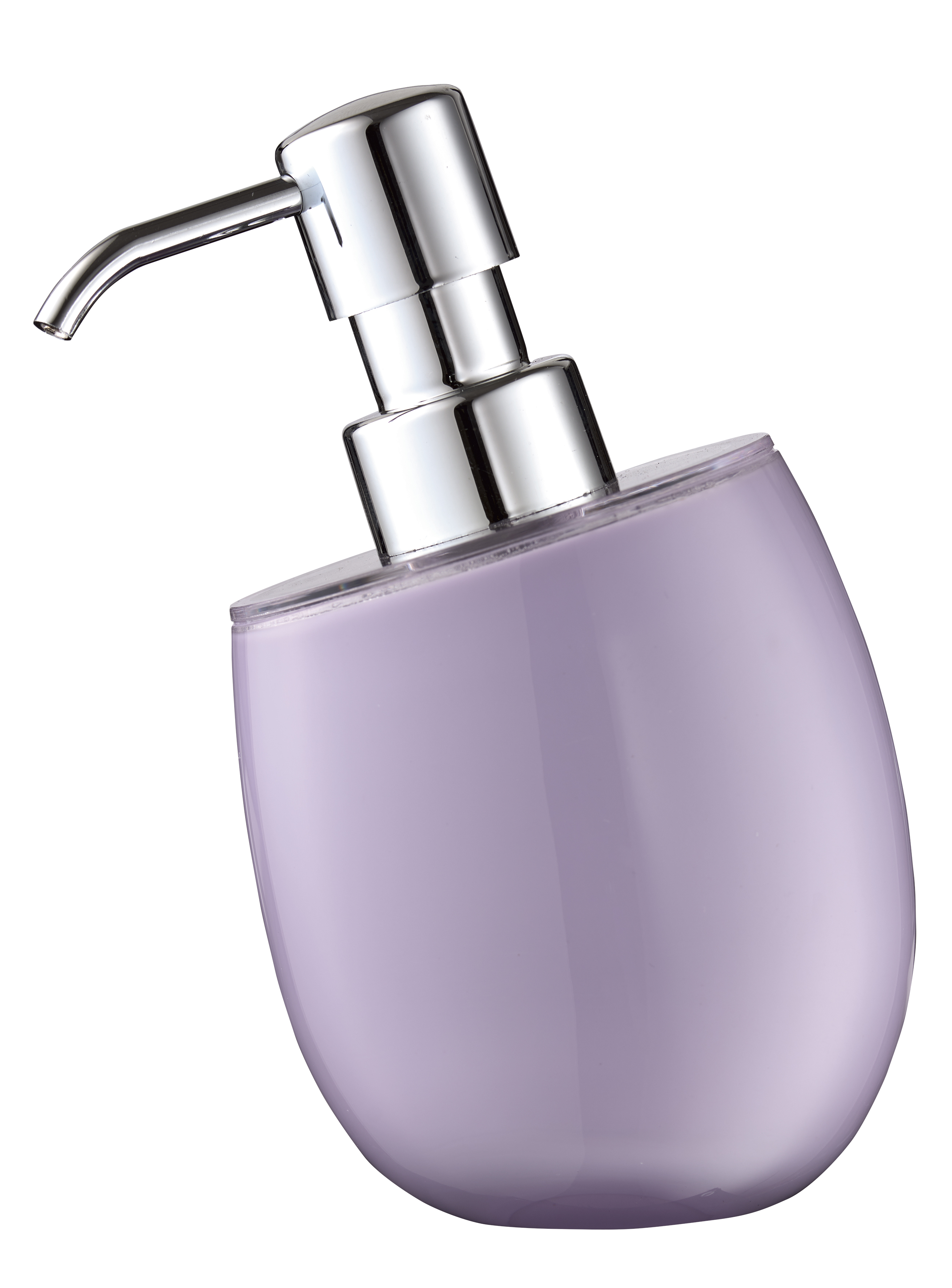 Lila Seifenspender mit glänzendem Chrom-Pumpkopf, modernes Design, ideal für stilvolle Badezimmer.