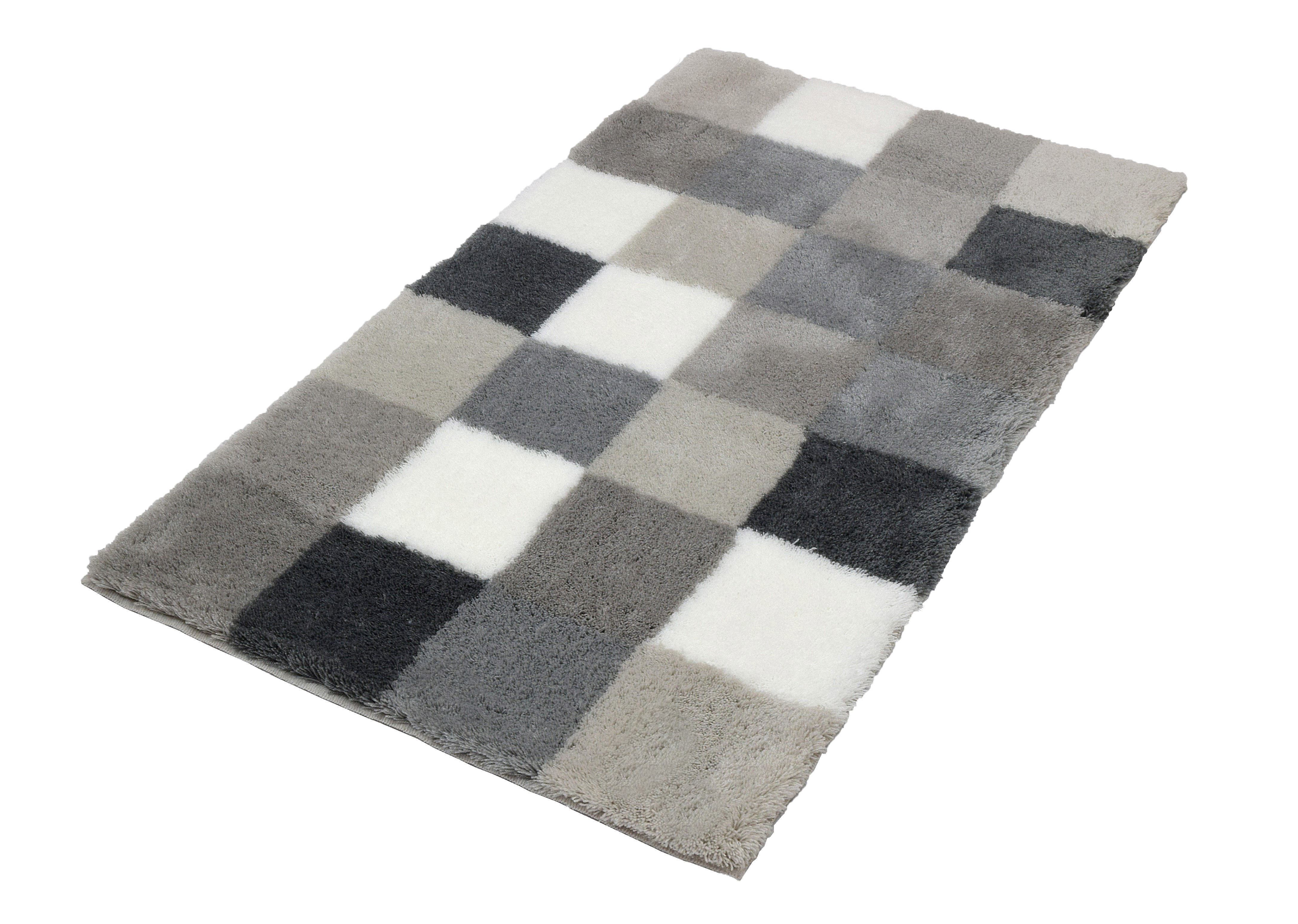Badteppich CARO Flanell 70 x 120 cm Moderner Teppich mit Karomuster in verschiedenen Grautönen und Weiß, weiche Textur, ideal für Wohn- und Schlafzimmer.